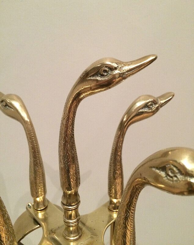 In The Style Of Maison Jansen. Brass Ducks Fire Place Tools On Stand. French. Circa 1960 photo Home Fixtures