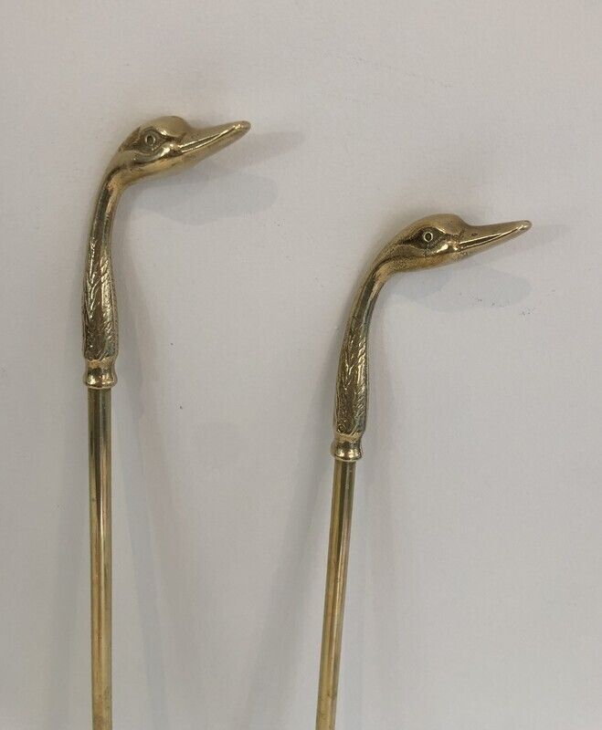 In The Style Of Maison Jansen. Brass Ducks Fire Place Tools On Stand. French. Circa 1960 photo vintage
