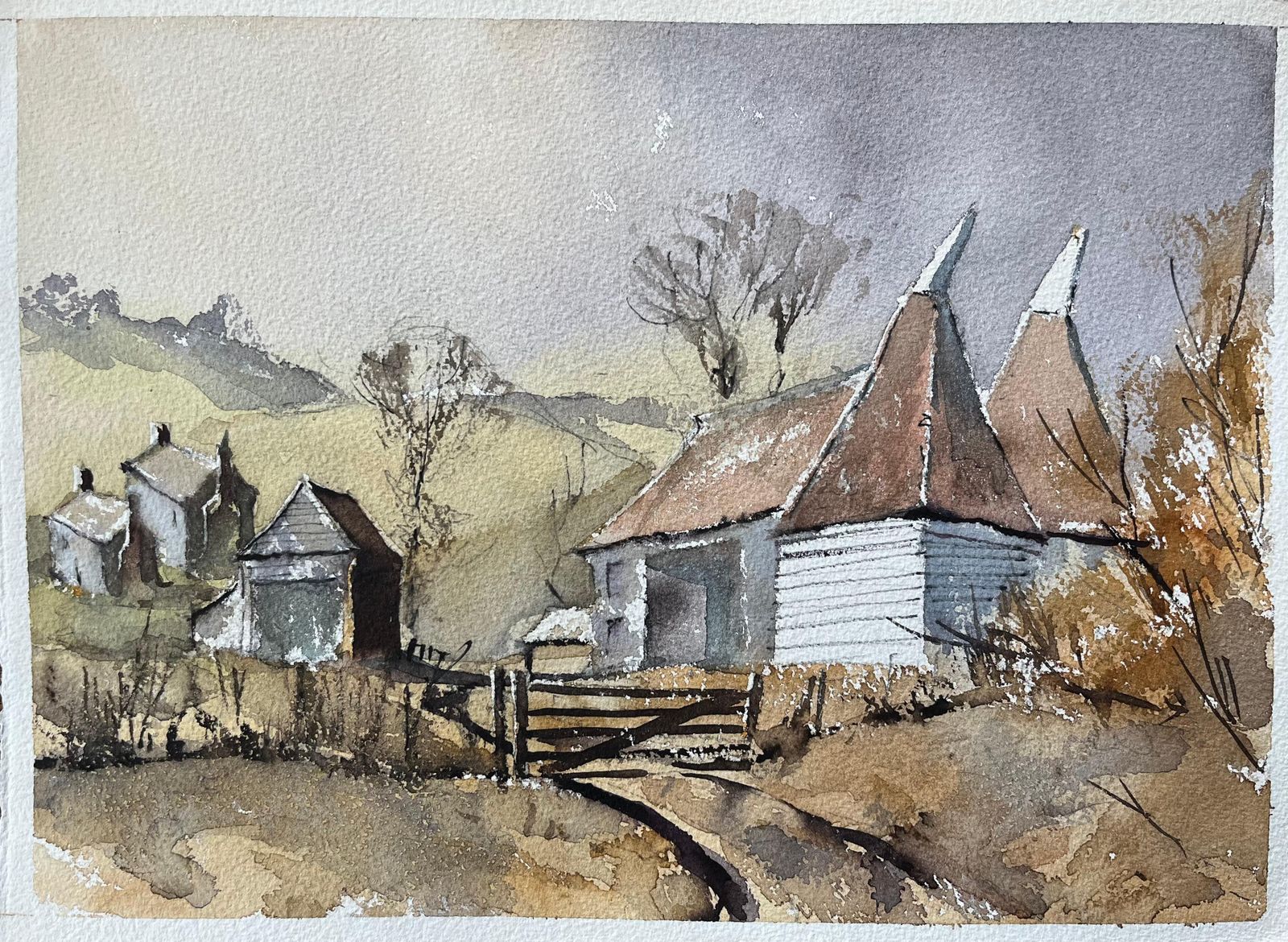 British Impressionist Watercolor Of Countryside Scene With Oast Houses