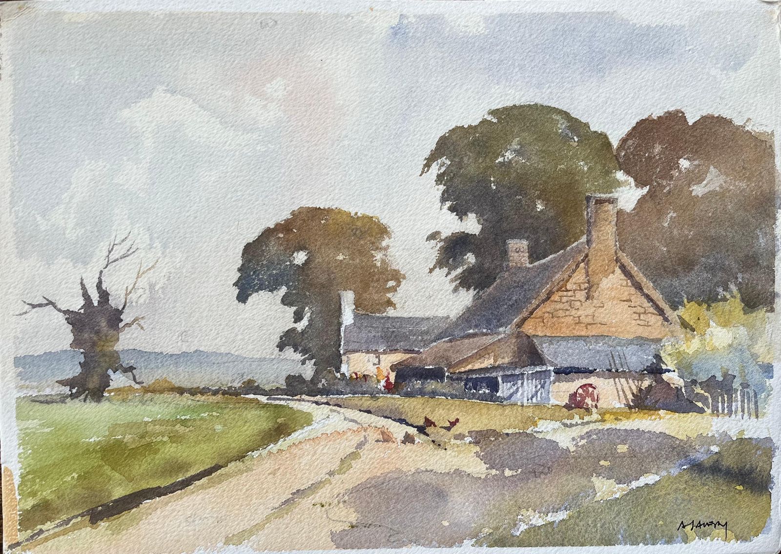 British Impressionist Watercolor Of A Rustic Farmhouse Scene And Chickens