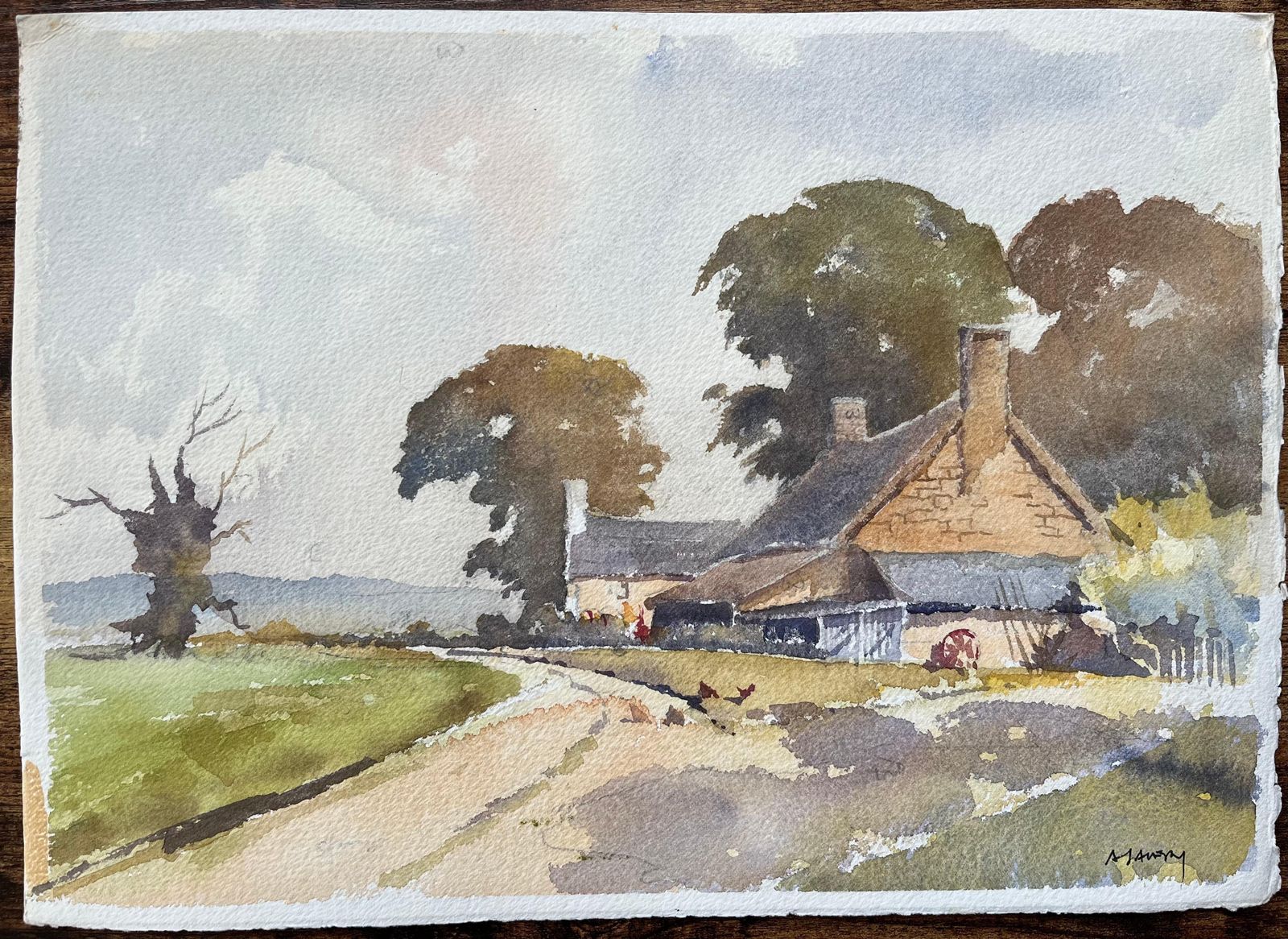 British Impressionist Watercolor Of A Rustic Farmhouse Scene And Chickens photo furniture
