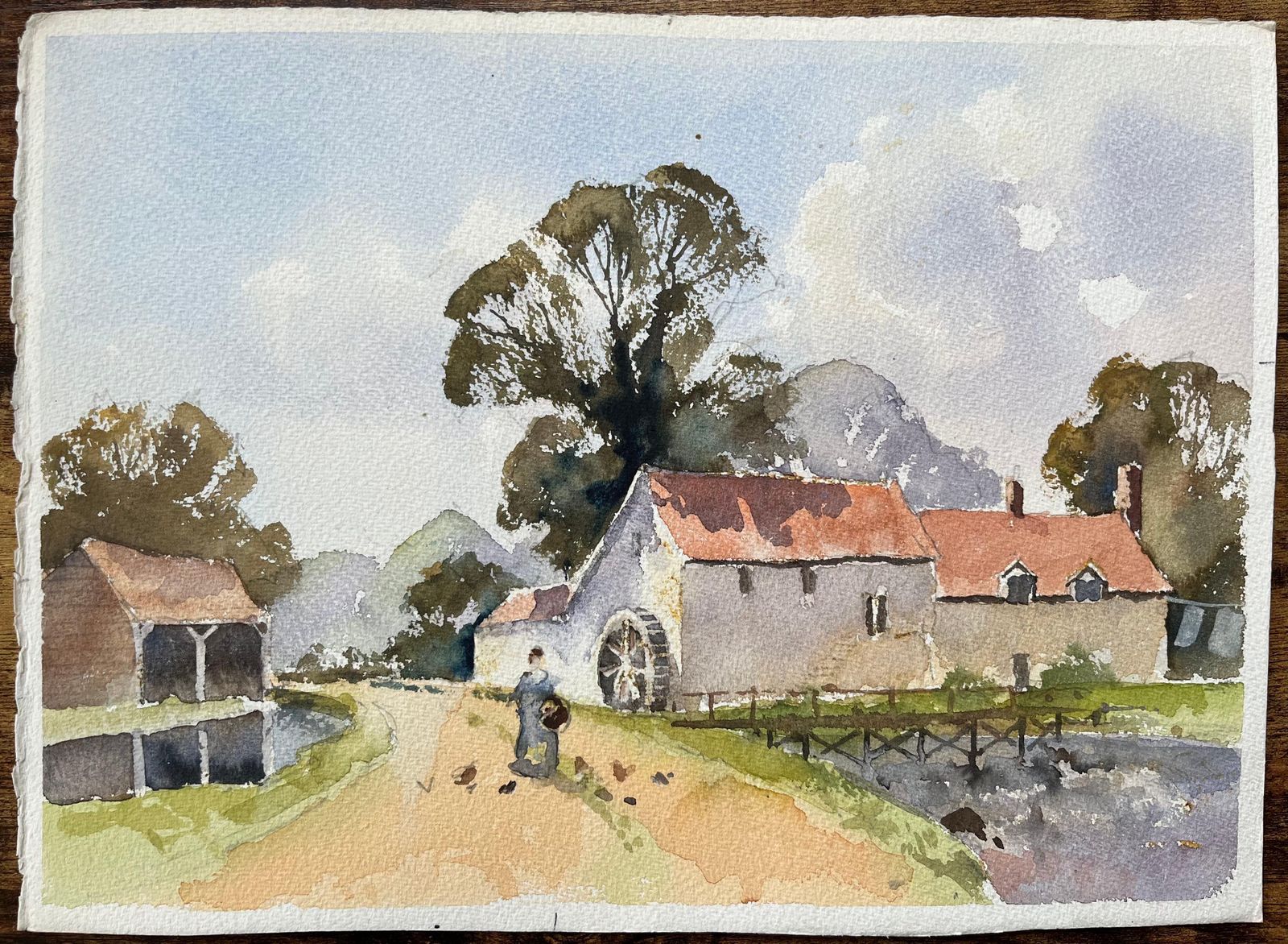 British Impressionist Watercolor Of Countryside Mill With A Water Wheel photo furniture