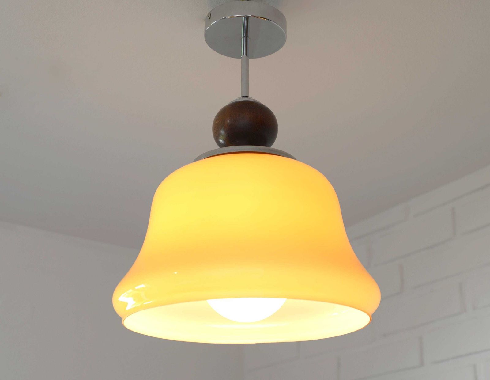 Vintage Beige Glass Pendant Lamp / Semi Flush Mount / Hanging Light / Chandelier, Yugoslavia 1970's photo furniture