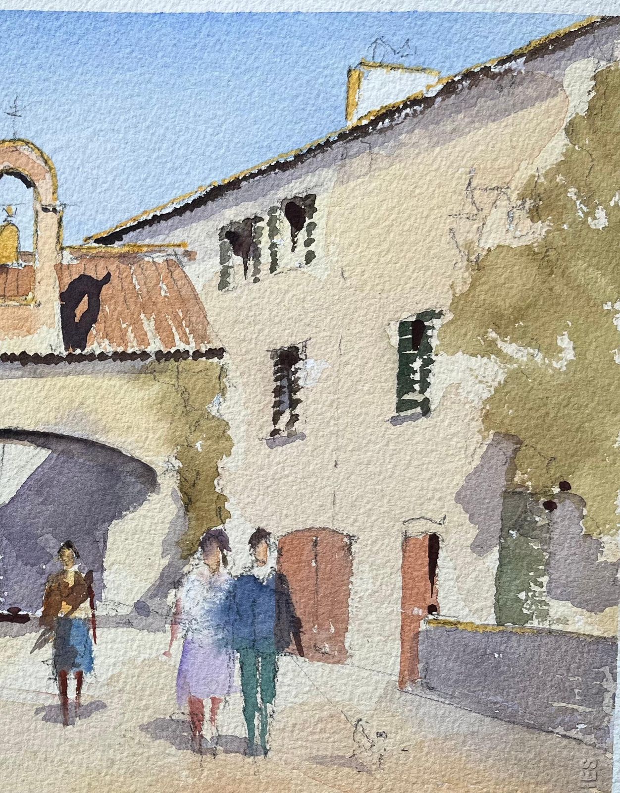 British Impressionist Watercolor Of A Street Scene With Bell Tower Arch photo Art