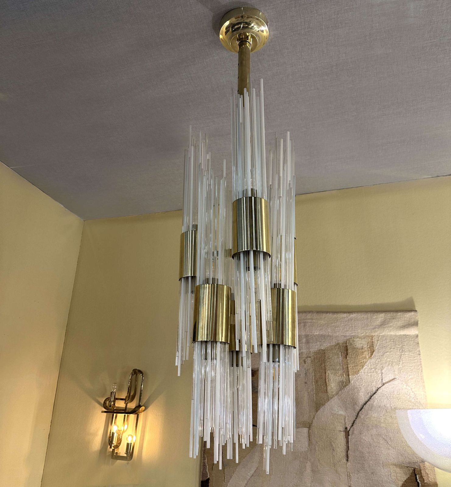 Carlo Nason Attribute Chandelier Brass With Fountain Of Glass Strands Italy 1960 photo for sale