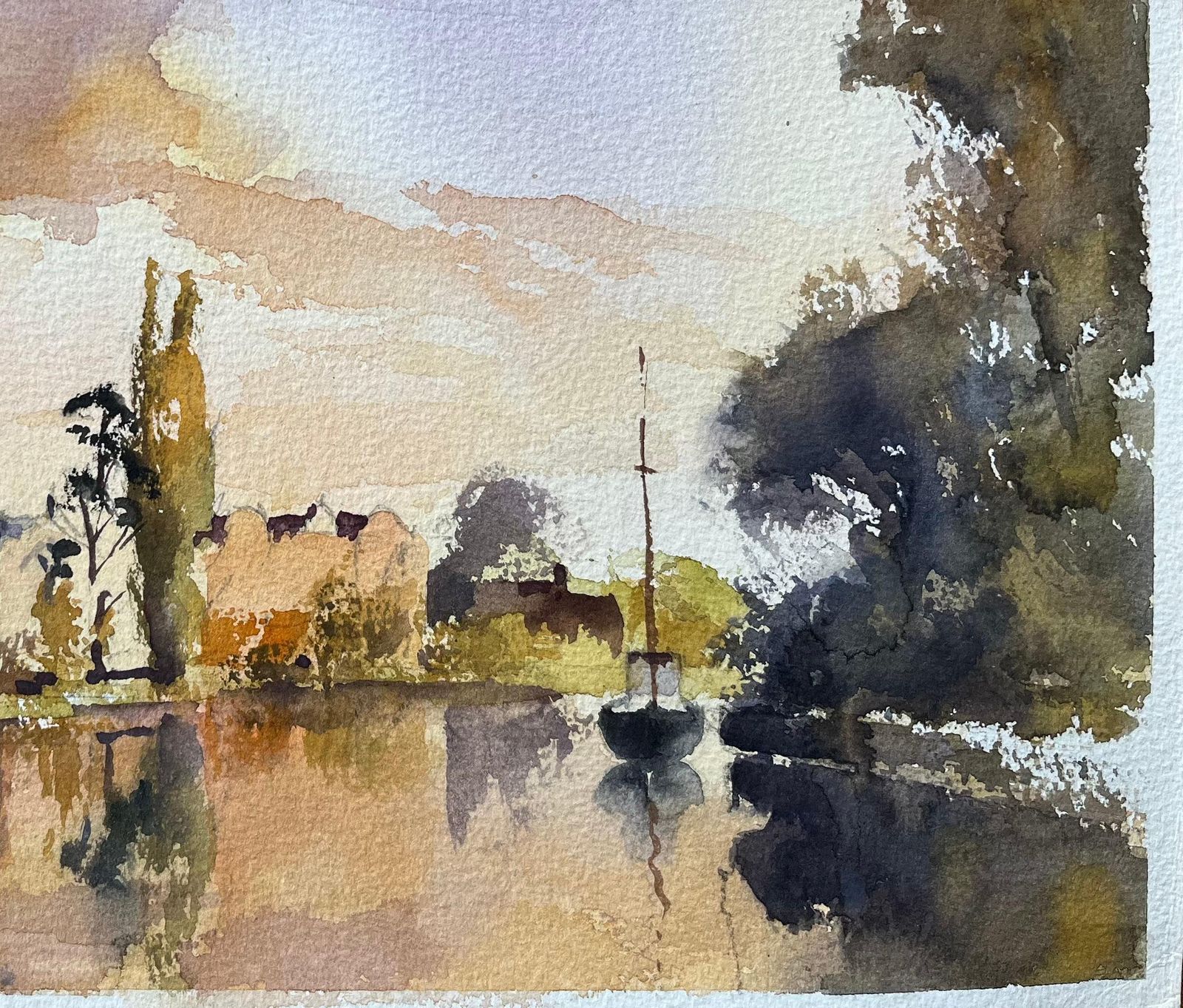 British Impressionist Watercolor Of A River Scene With Church At Sunset photo Art