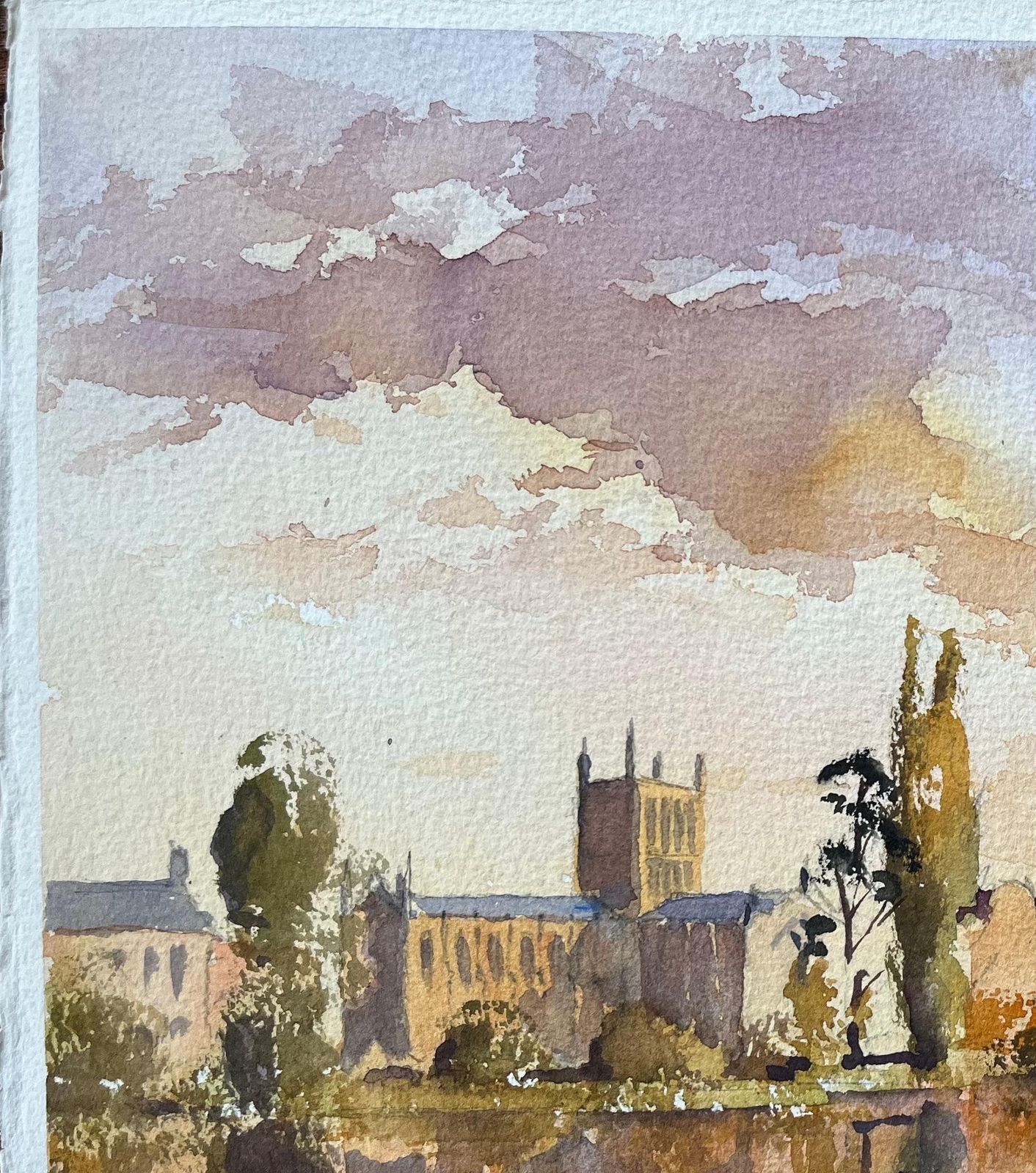 British Impressionist Watercolor Of A River Scene With Church At Sunset photo 425.0