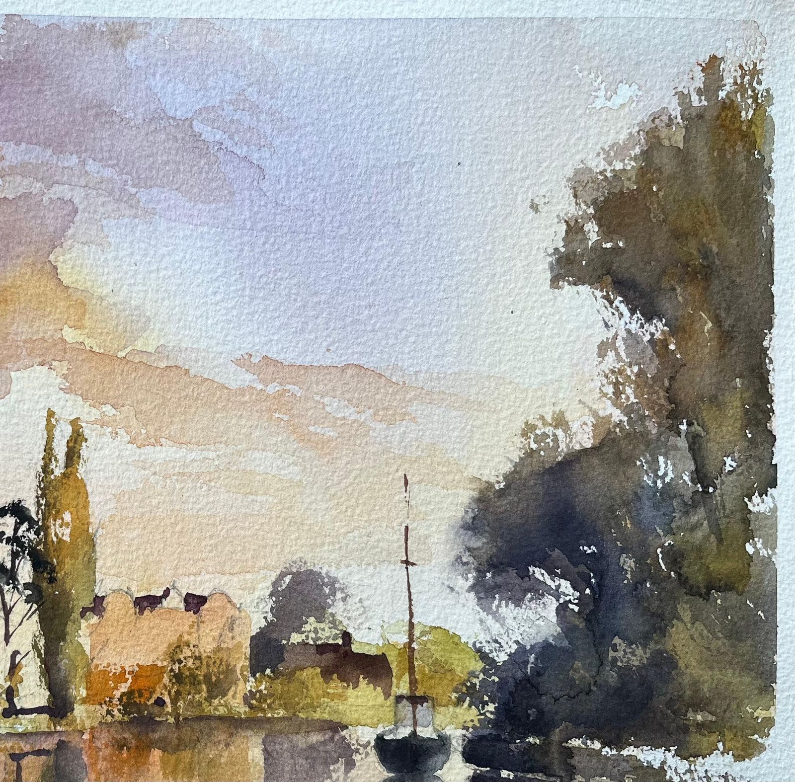 British Impressionist Watercolor Of A River Scene With Church At Sunset photo vinterior