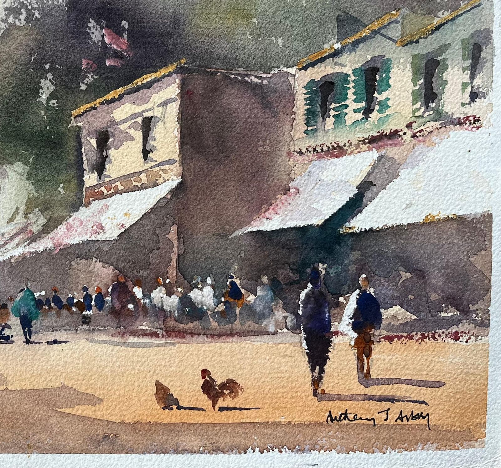 British Impressionist Watercolor Of A Bustling Street Market Scene photo for sale