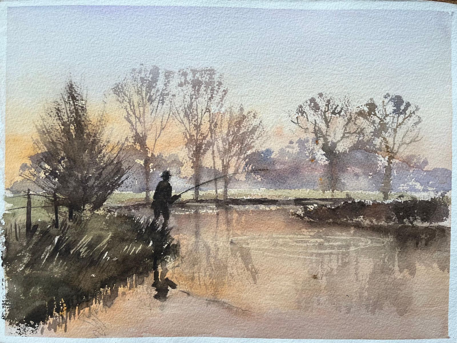 British Impressionist Watercolor Of A Fisherman At Sunrise