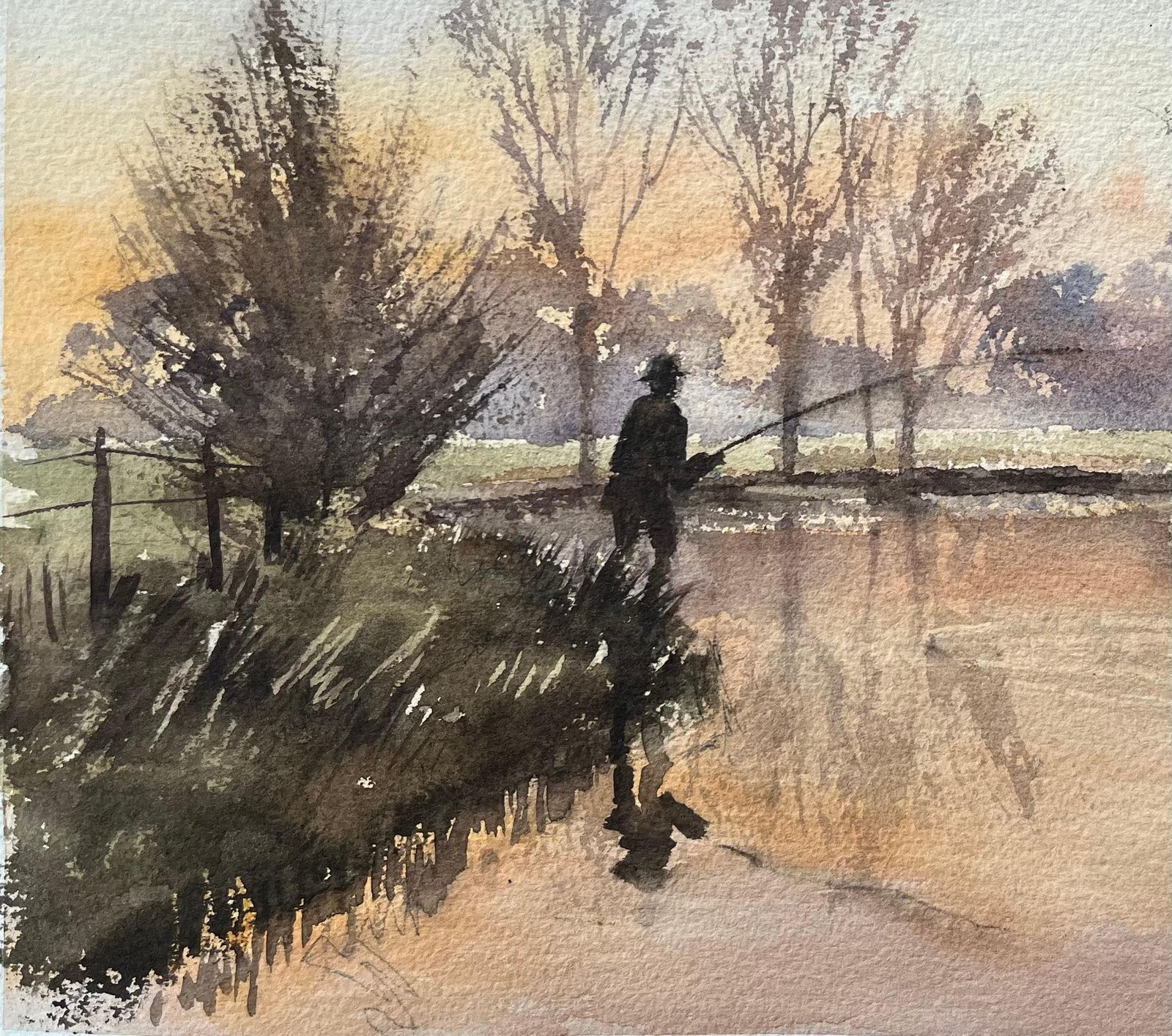British Impressionist Watercolor Of A Fisherman At Sunrise photo 500.0