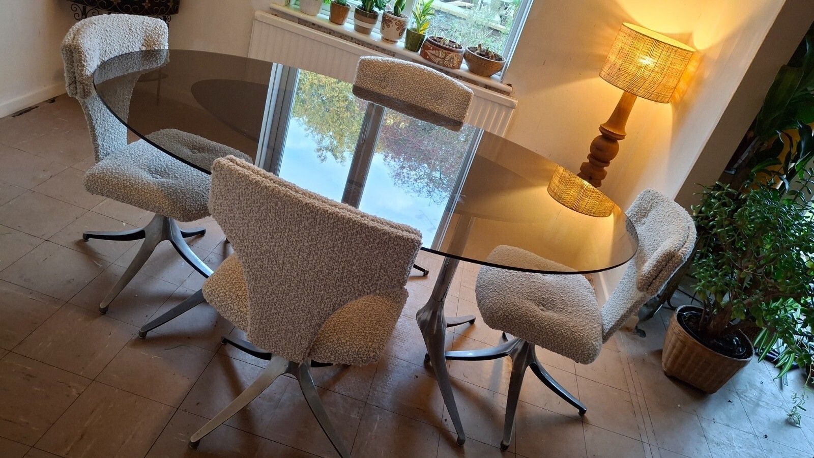 Fab Vintage Howell Interlake 4 Swivel Chairs Taupe Boucle & Glass Dining Table