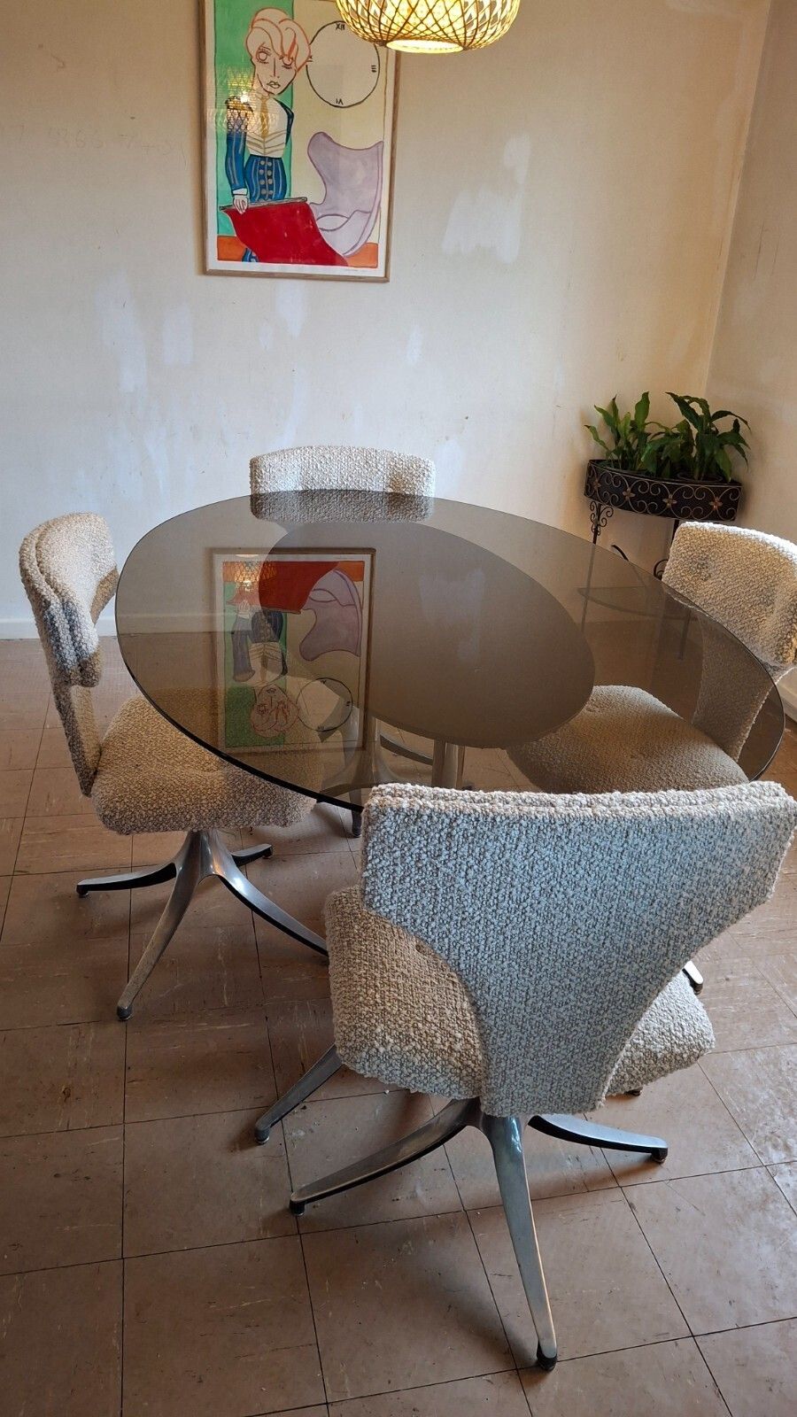 Fab Vintage Howell Interlake 4 Swivel Chairs Taupe Boucle & Glass Dining Table photo furniture