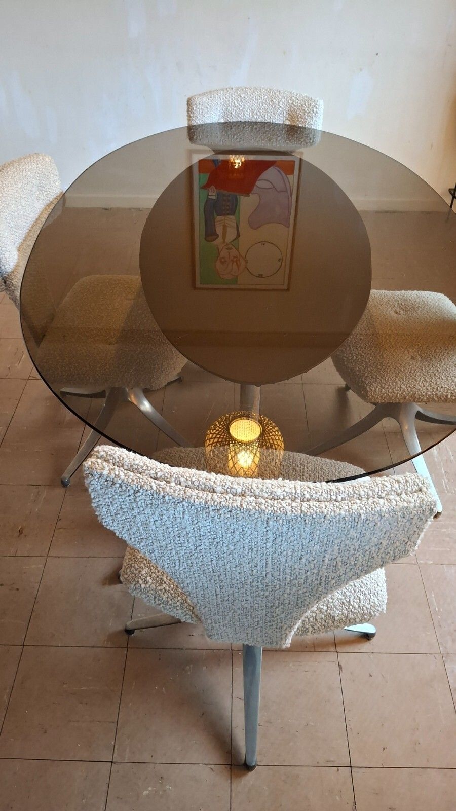 Fab Vintage Howell Interlake 4 Swivel Chairs Taupe Boucle & Glass Dining Table photo Furniture