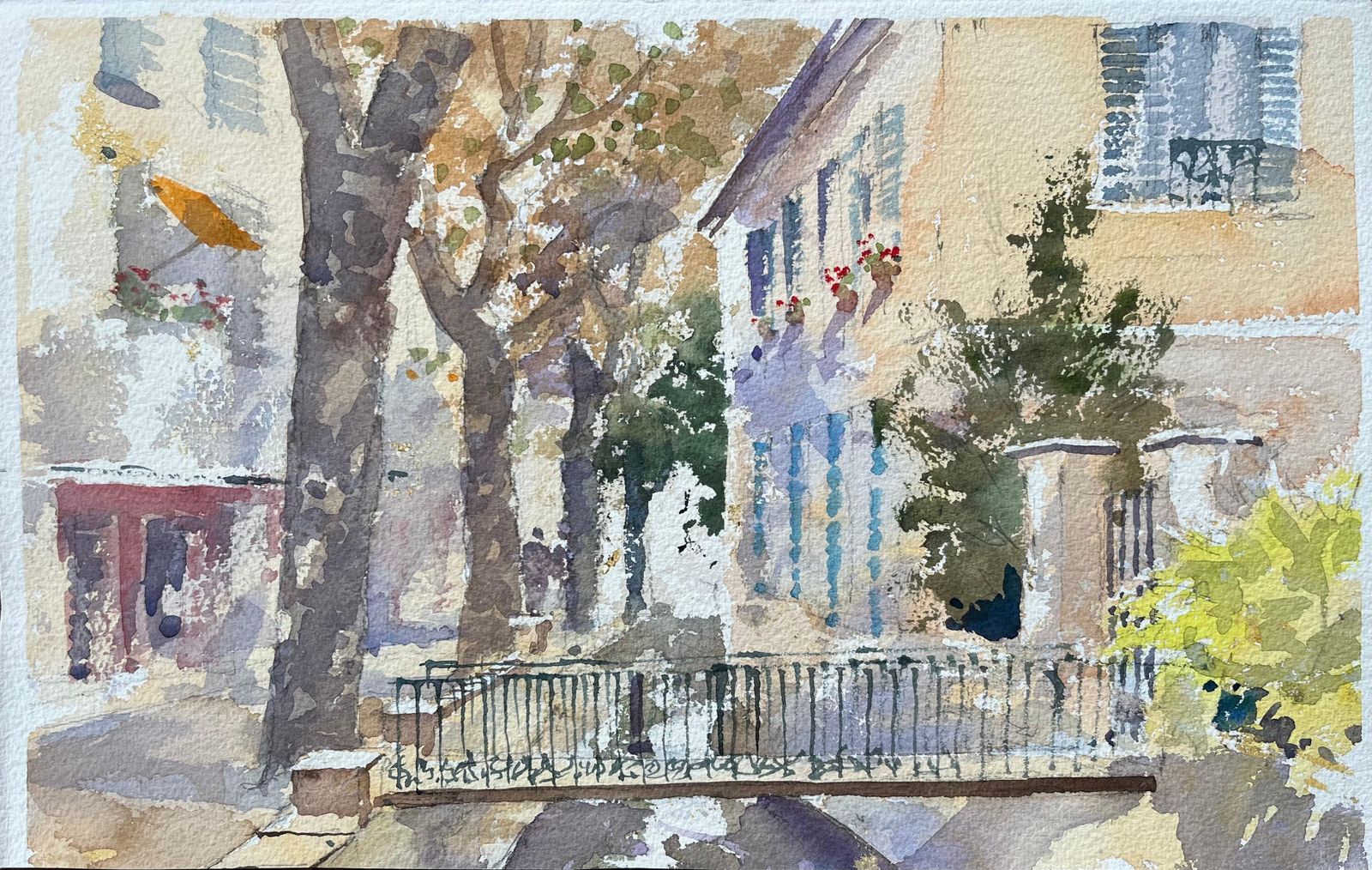 British Impressionist Watercolor Of Sunlit Village Street With Bridge