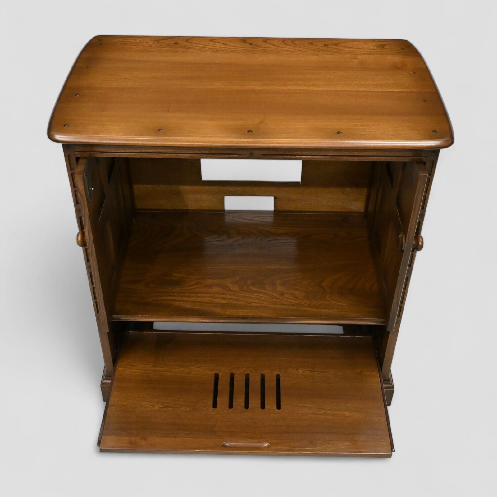 photo vintage Ercol Mural Tv Video Cabinet Golden Dawn Corner Flap Model 839 Free Uk Delivery