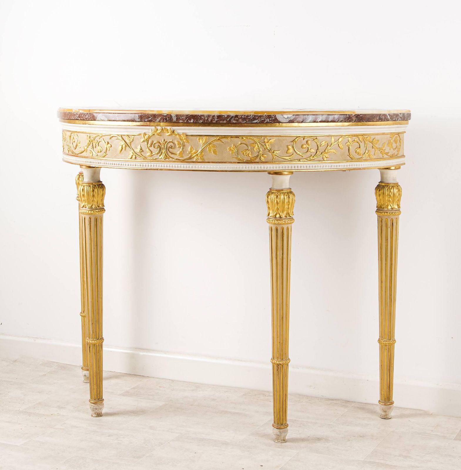 Georgian Style Demi Lune Console With Rouge Marble Top, White & Gilt photo for sale