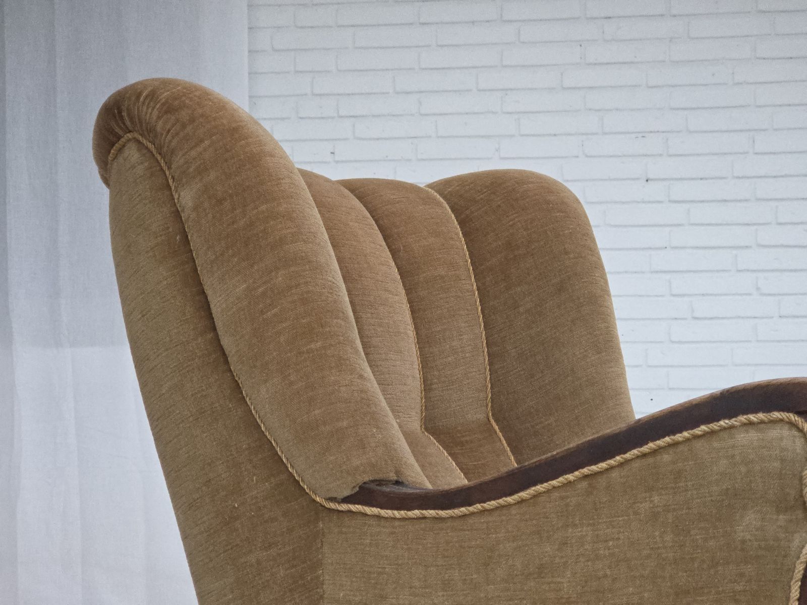 1960s, Danish Relax Chair, Original Green Furniture Velour, Carved Oak Wood. photo furniture