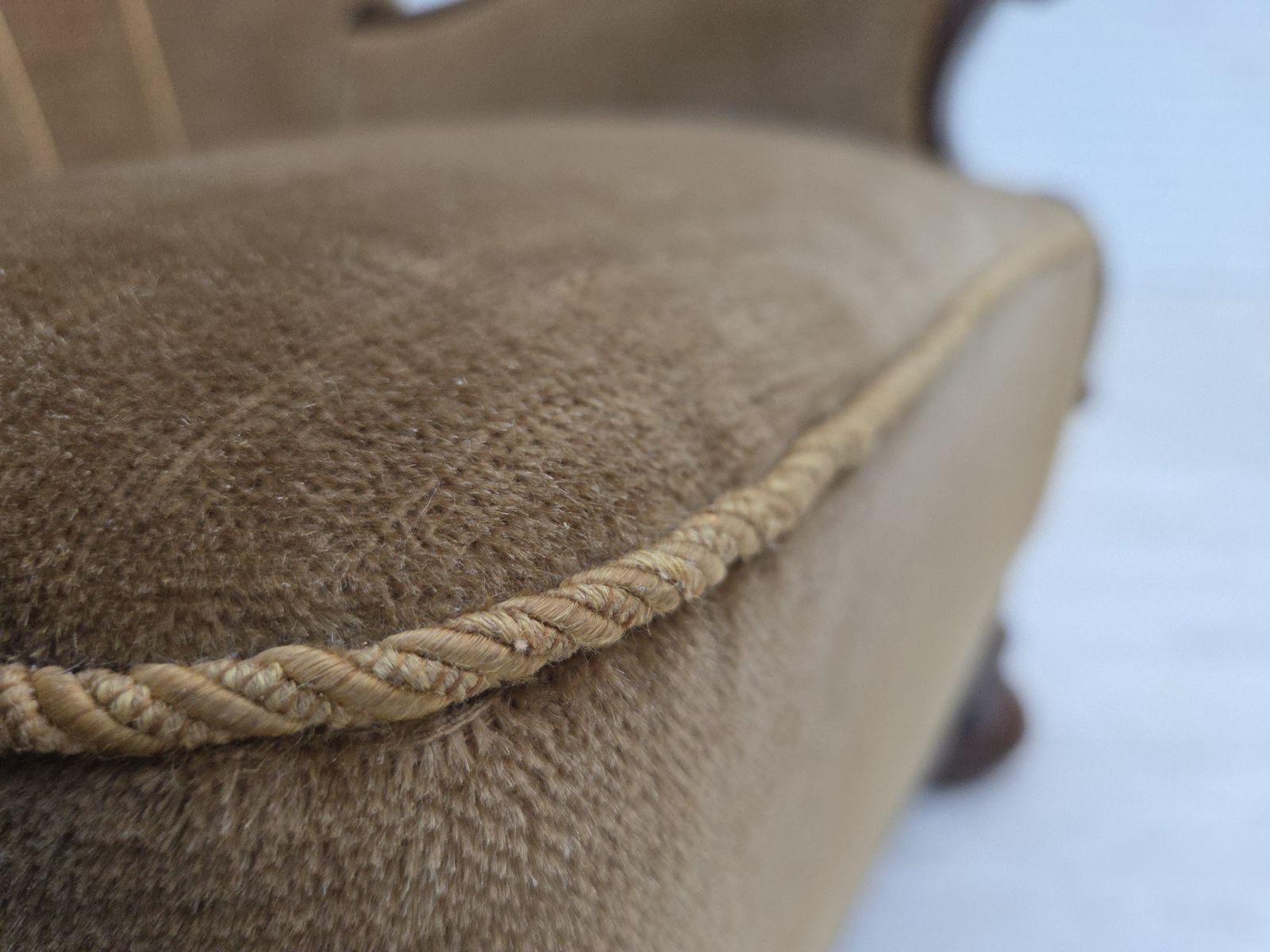 1960s, Danish Relax Chair, Original Green Furniture Velour, Carved Oak Wood. photo for sale