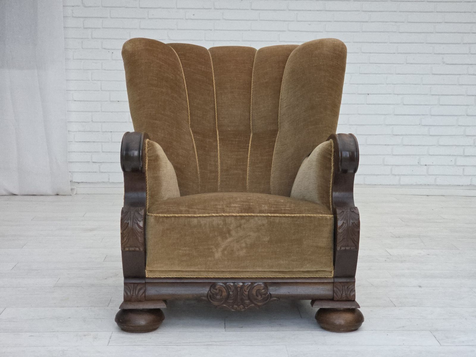 1960s, Danish Relax Chair, Original Green Furniture Velour, Carved Oak Wood. photo Furniture
