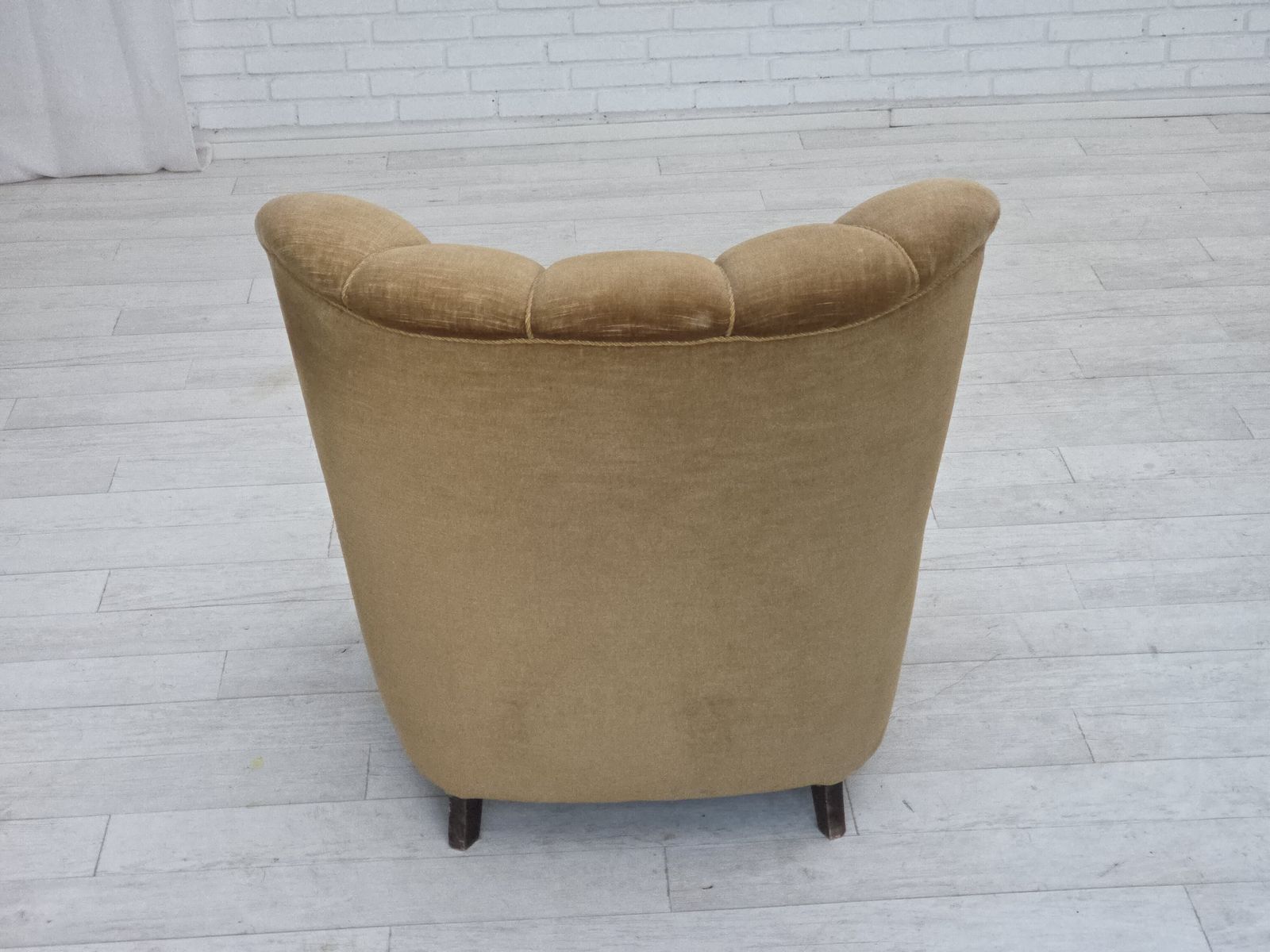 1960s, Danish Relax Chair, Original Green Furniture Velour, Carved Oak Wood. photo vintage