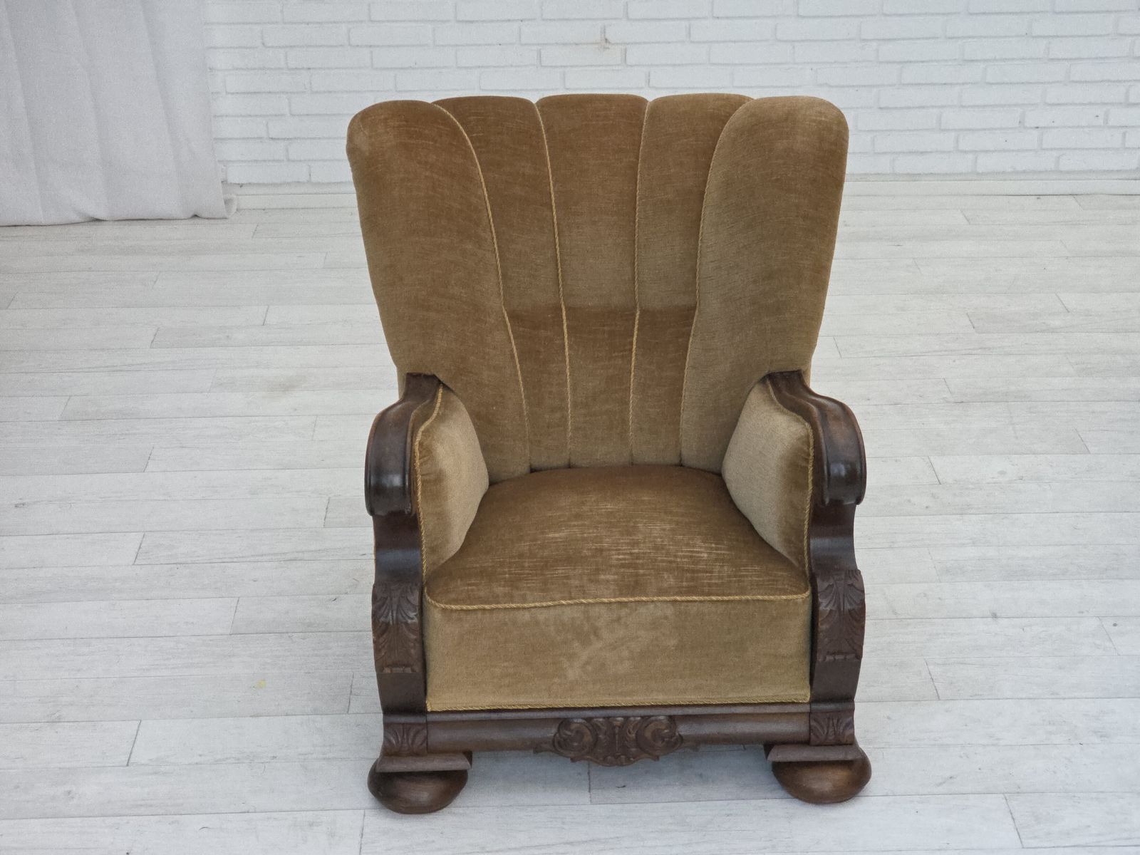 photo furniture 1960s, Danish Relax Chair, Original Green Furniture Velour, Carved Oak Wood.
