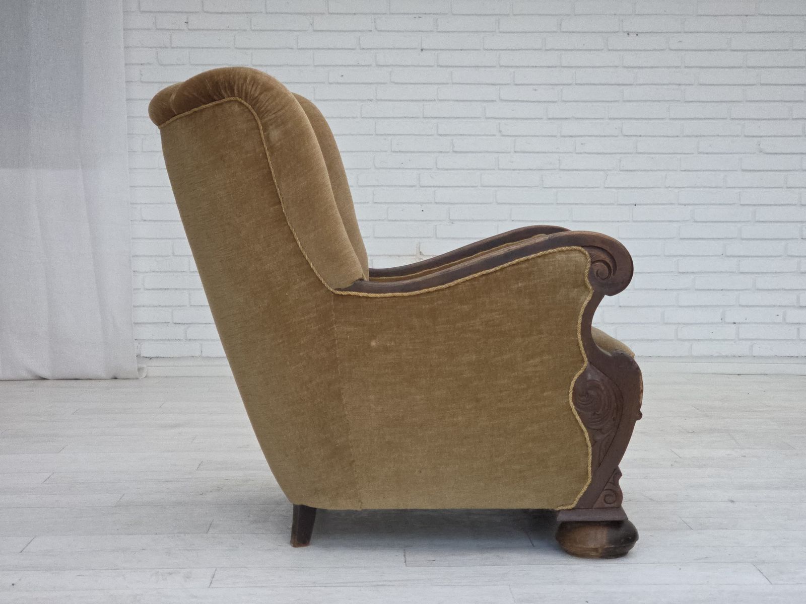 photo for sale 1960s, Danish Relax Chair, Original Green Furniture Velour, Carved Oak Wood.