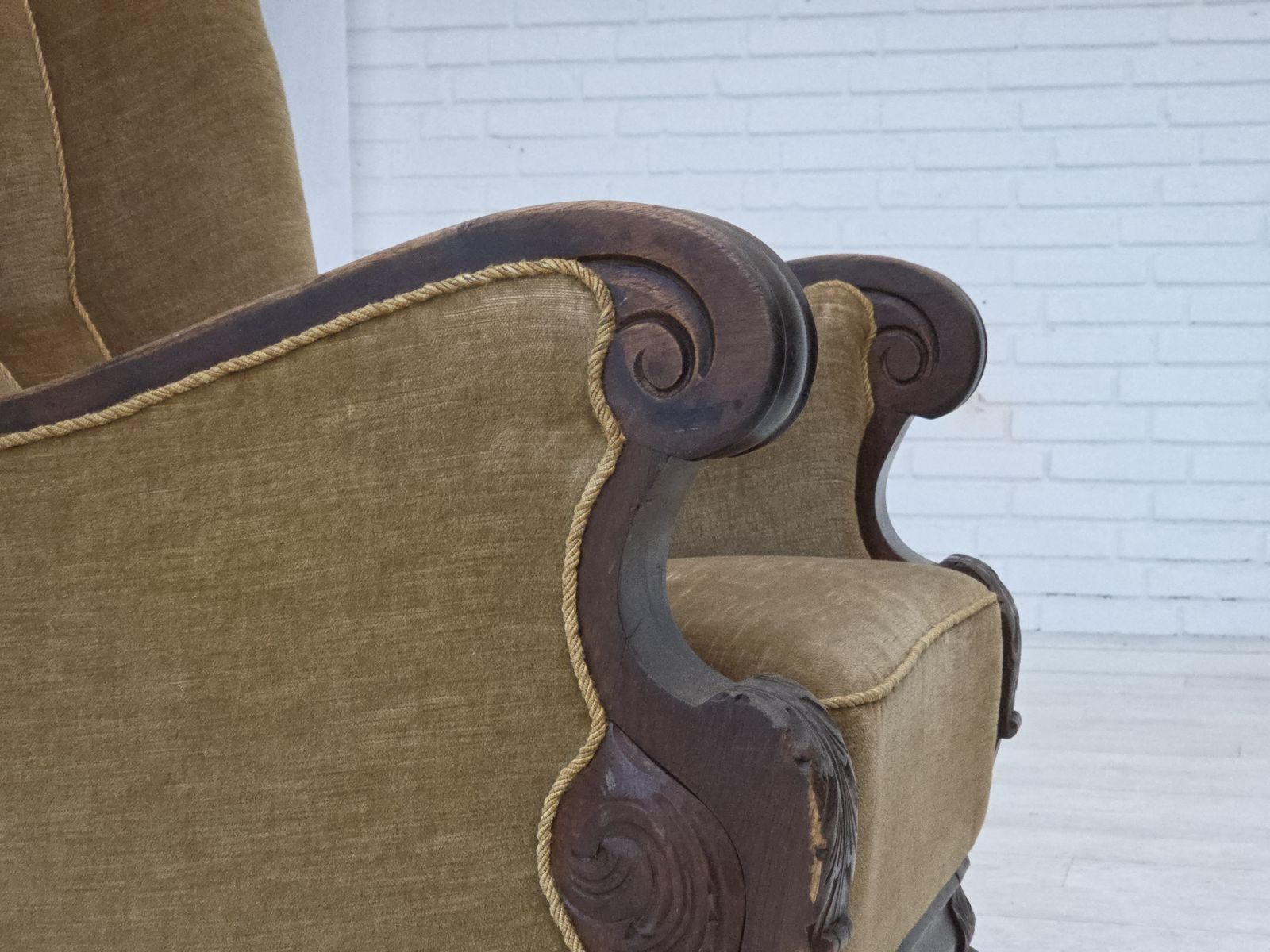 Furniture 1960s, Danish Relax Chair, Original Green Furniture Velour, Carved Oak Wood. photo