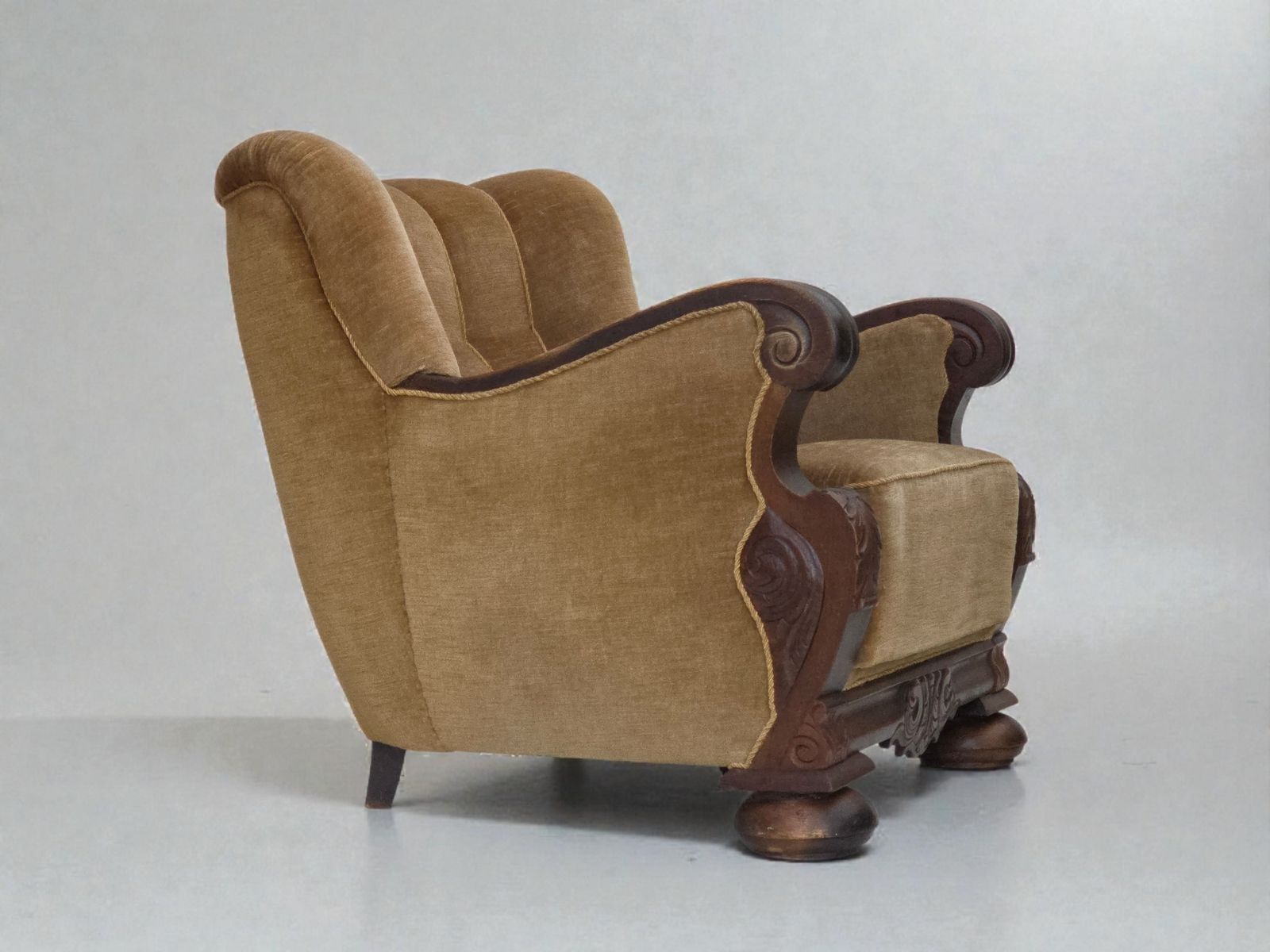 1960s, Danish Armchair, Original Green Furniture Velour, Carved Oak Wood.