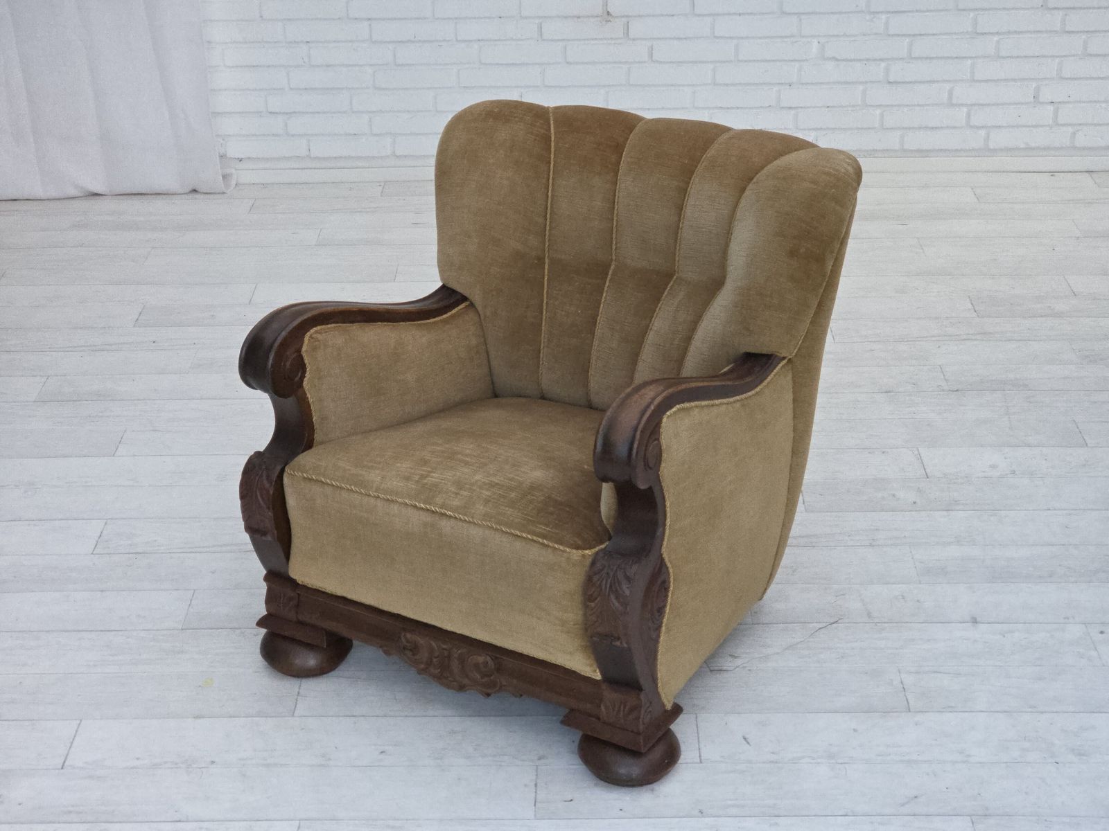 1960s, Danish Armchair, Original Green Furniture Velour, Carved Oak Wood. photo Furniture