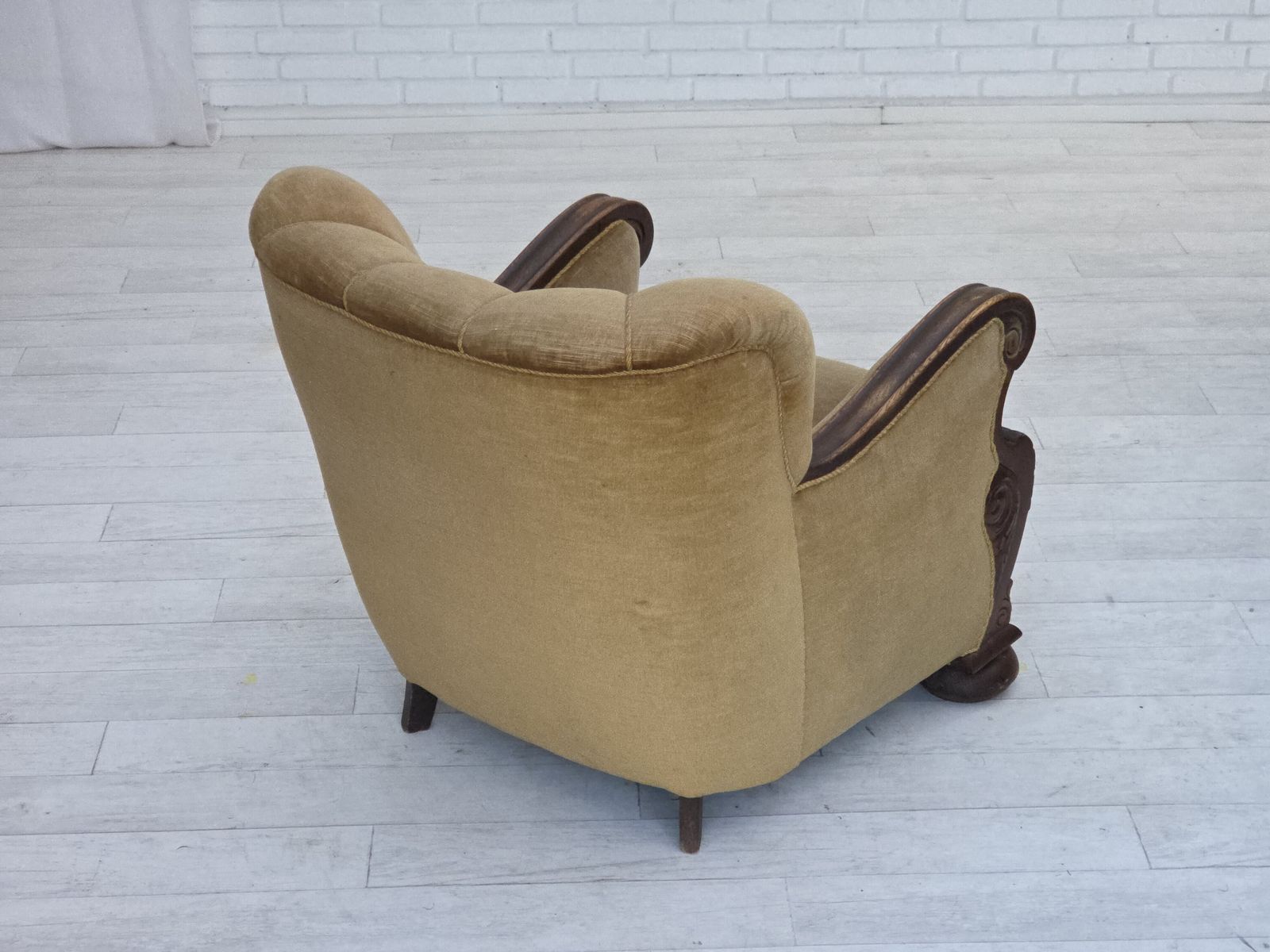 1960s, Danish Armchair, Original Green Furniture Velour, Carved Oak Wood. photo vinterior