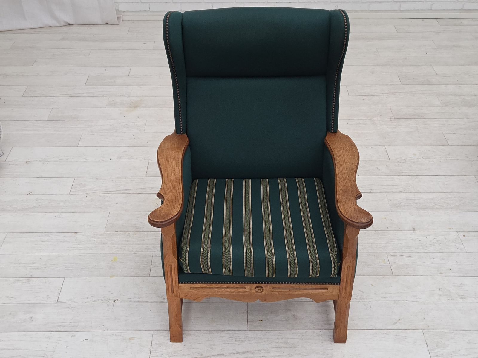 1970s, Danish High Back Armchair, Furniture Wool, Solid Oak Wood. photo vintage