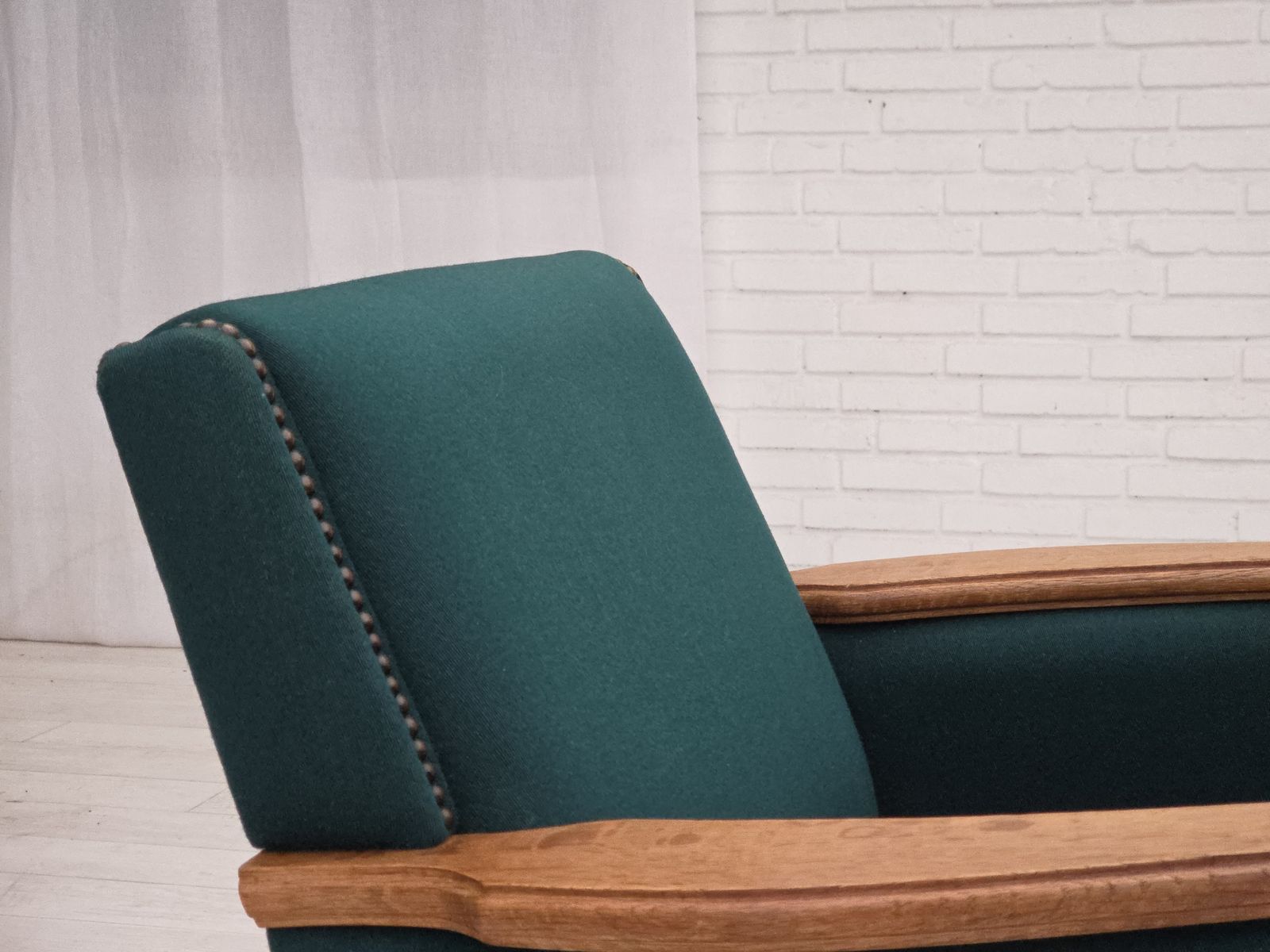 1970s, Danish Armchair, Furniture Wool, Solid Oak Wood. photo vinterior
