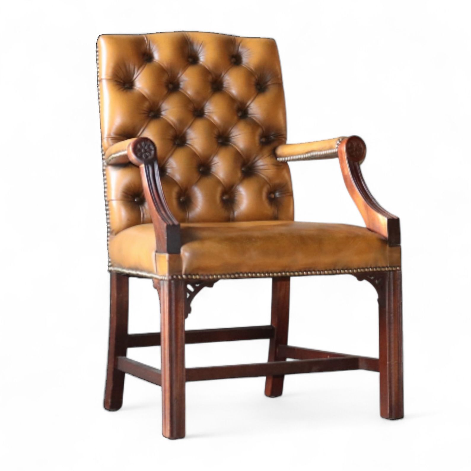 photo vintage Vintage Tan Leather Gainsborough Georgian Style Chesterfield Chair / Armchair
