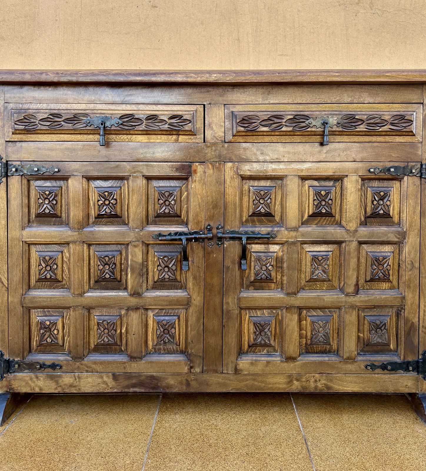 Spanish Rustic Solid Wood Sideboard With Hand Carved Panels And Original Iron Hardware photo for sale