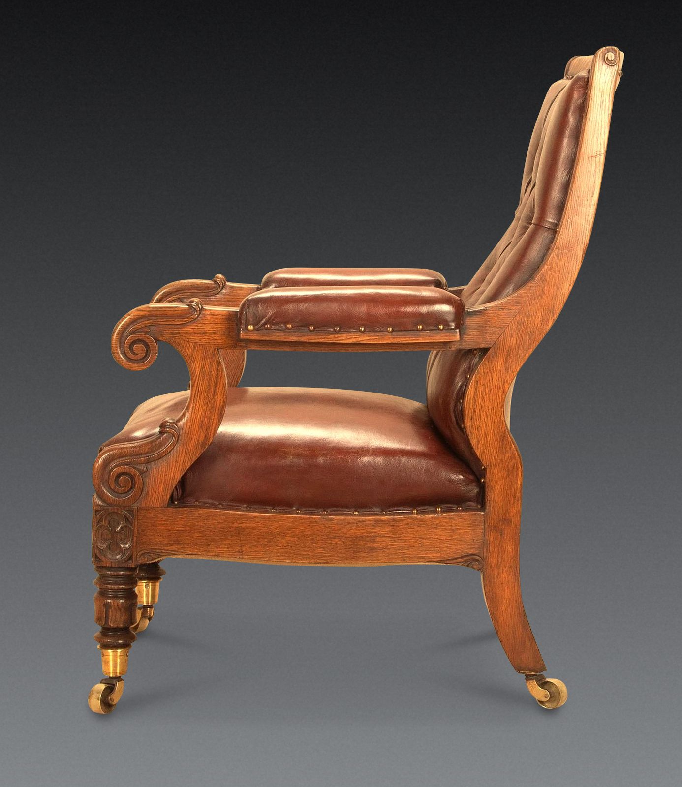 19th Century English Oak Leather Library Chair photo for sale