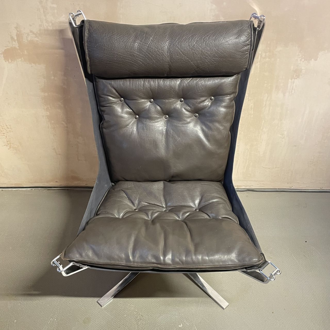 Brown High Backed Falcon Chair By Sigurd Resell In Chrome photo for sale