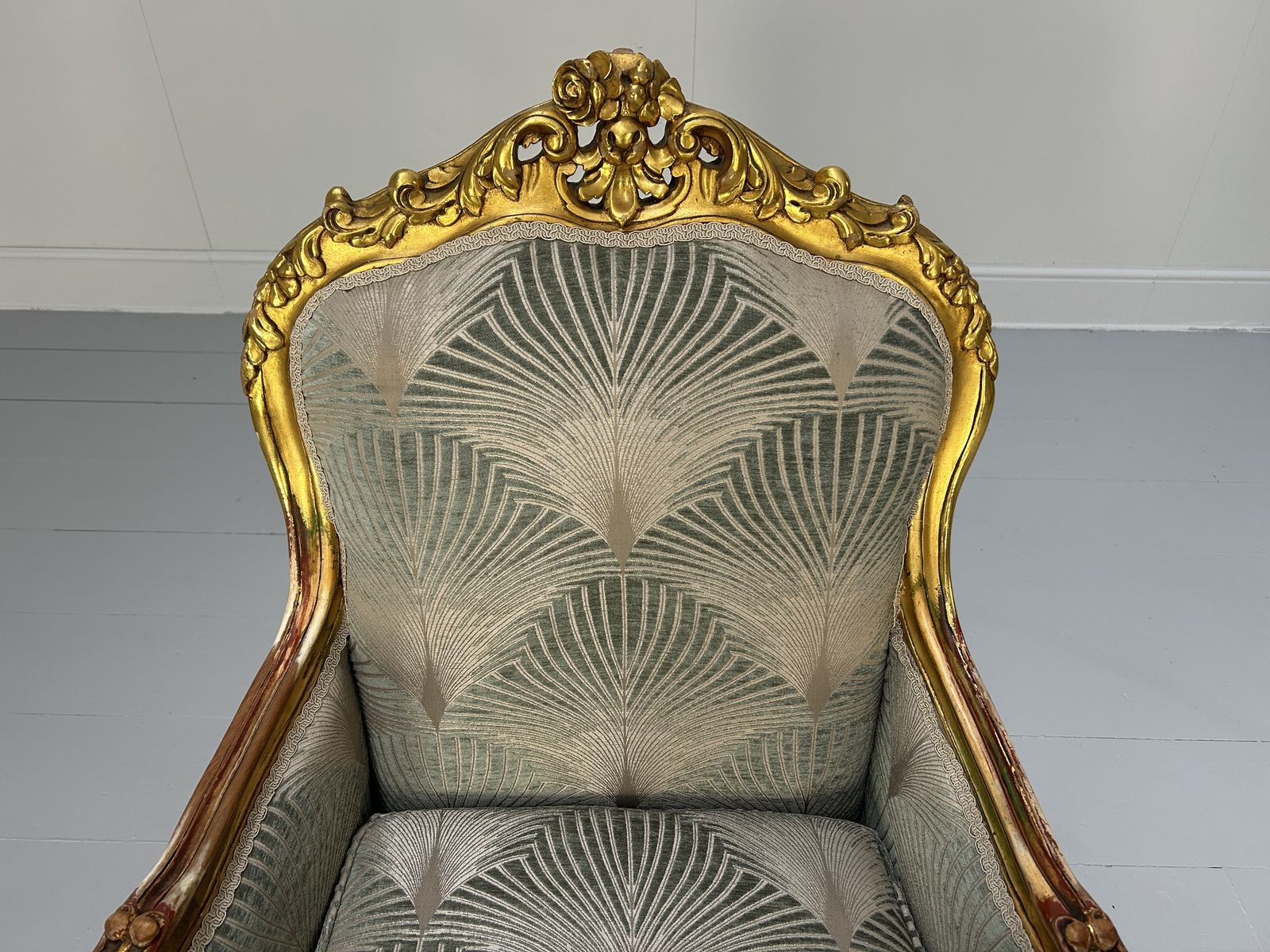 photo for sale Pair Of French Carved Armchairs In Fabric And Giltwood