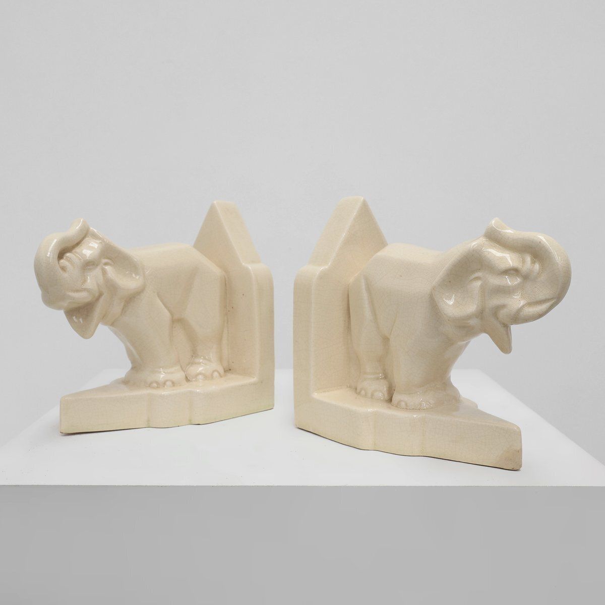 Art Deco French Ceramic Bookends In Elephant Motif, 1930s, Set Of 2