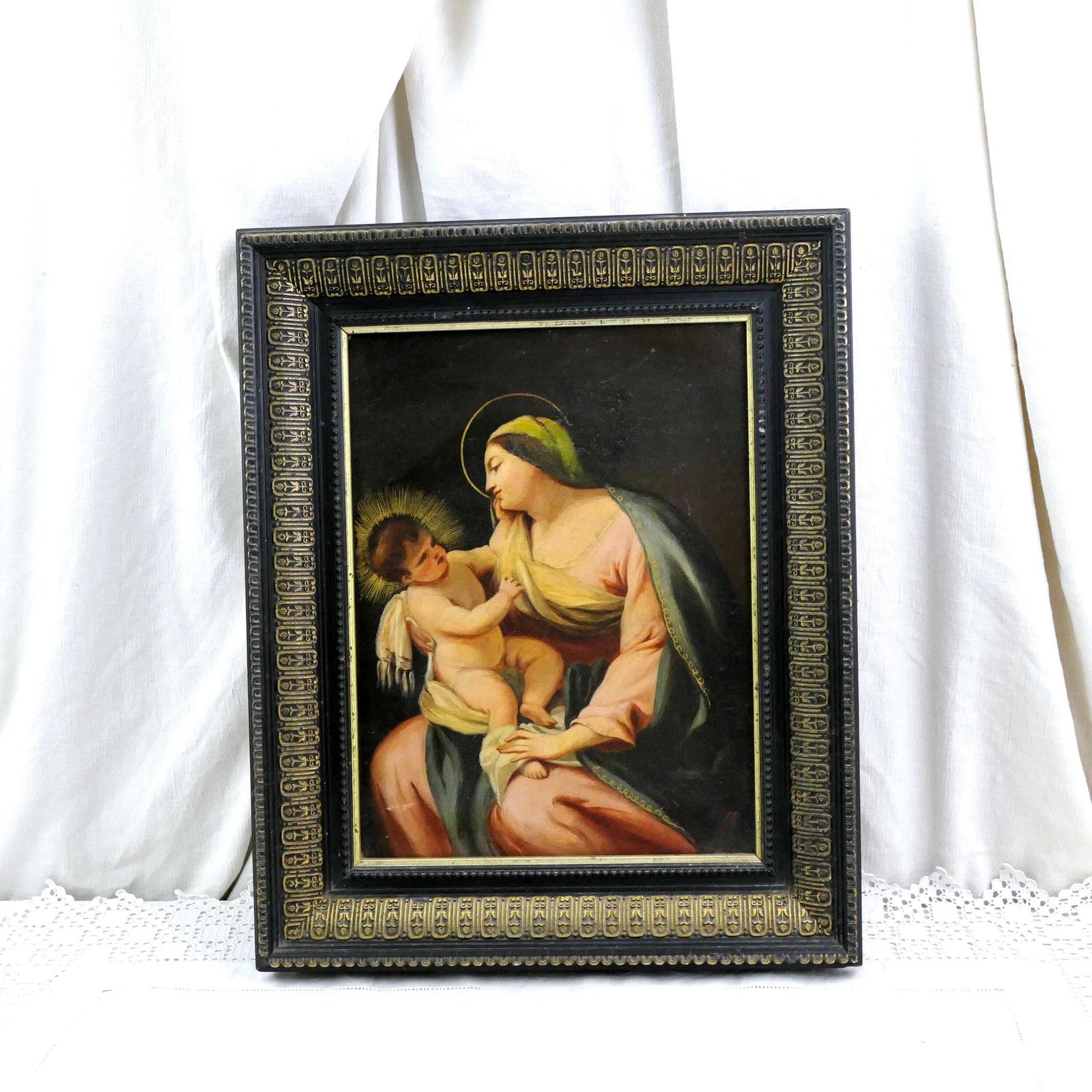 Antique 19th Century French Framed Oil Painting Of Virgin Mary With Child, Handpainted Religious Picture From France Our Lady And Baby Jesus