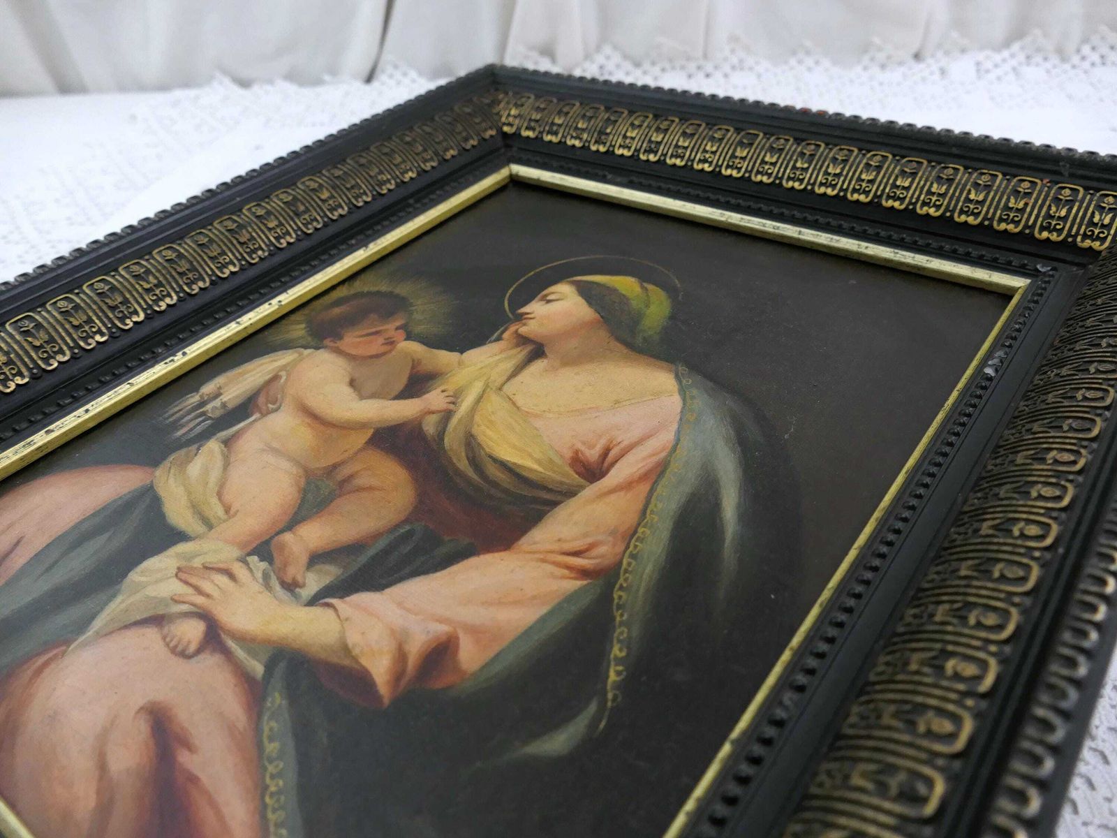 Antiek 19e Eeuws Frans Ingelijst Olieschilderij Van De Maagd Maria Met Kind, Handgeschilderd Religieus Schilderij Uit Frankrijk – Onze Lieve Vrouw En De Kleine Jezus photo 582.0