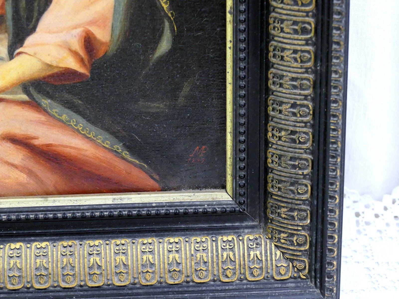 Antiek 19e Eeuws Frans Ingelijst Olieschilderij Van De Maagd Maria Met Kind, Handgeschilderd Religieus Schilderij Uit Frankrijk – Onze Lieve Vrouw En De Kleine Jezus photo vinterior