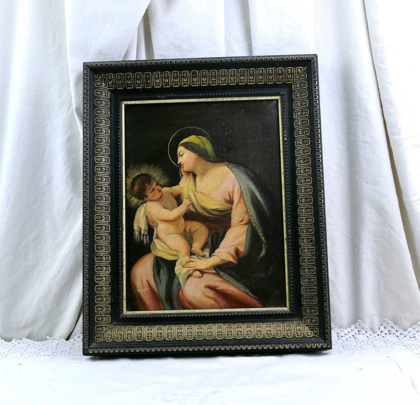 Antique 19th Century French Framed Oil Painting Of Virgin Mary With Child, Handpainted Religious Picture From France Our Lady And Baby Jesus photo vintage