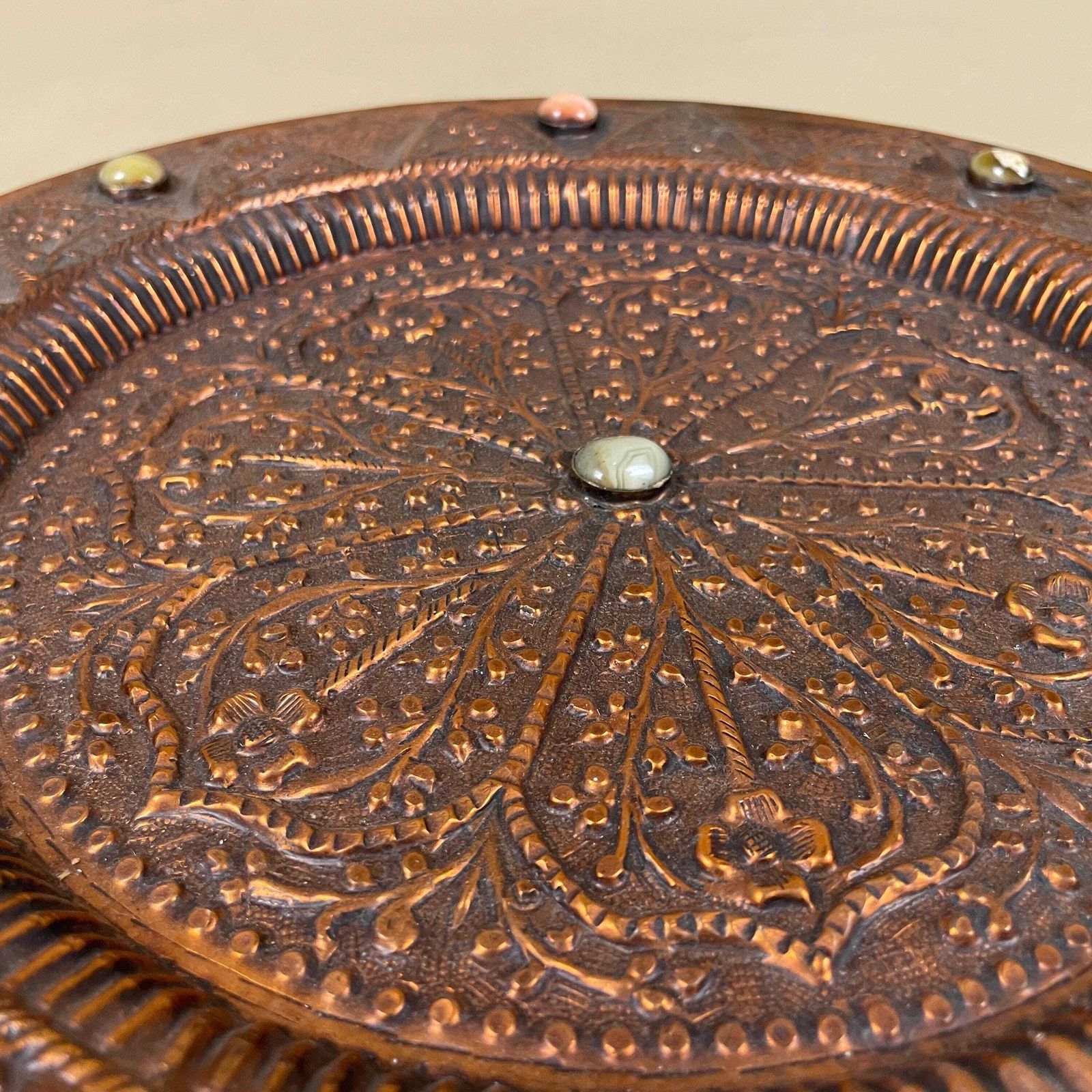 Antique Metal Indian Patterned Copper Tea Tray 36.7cm Plate Asian Gemstones Textured Intricate Decorative Patterned Wall Art Round Vintage photo for sale