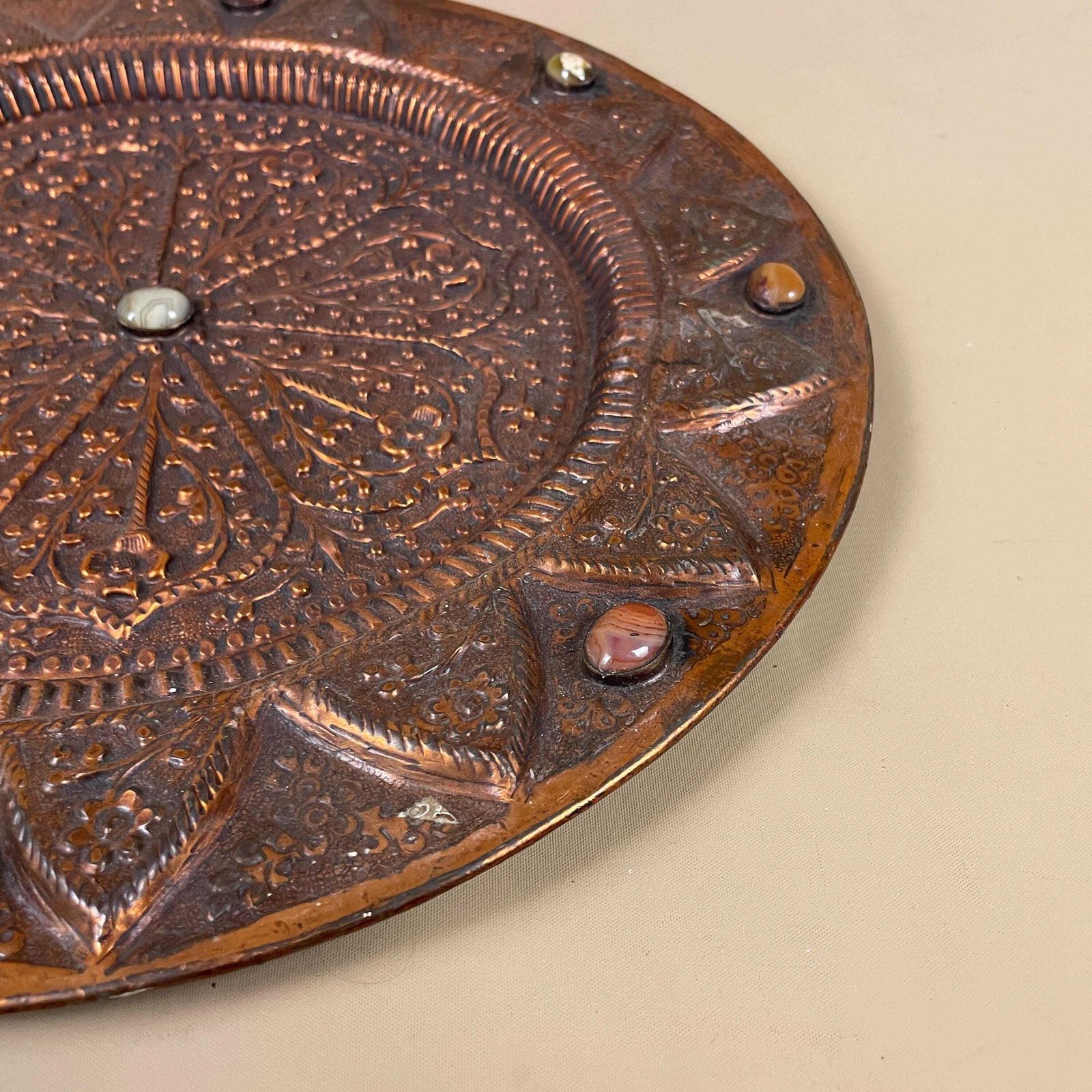 Antique Metal Indian Patterned Copper Tea Tray 36.7cm Plate Asian Gemstones Textured Intricate Decorative Patterned Wall Art Round Vintage photo buy