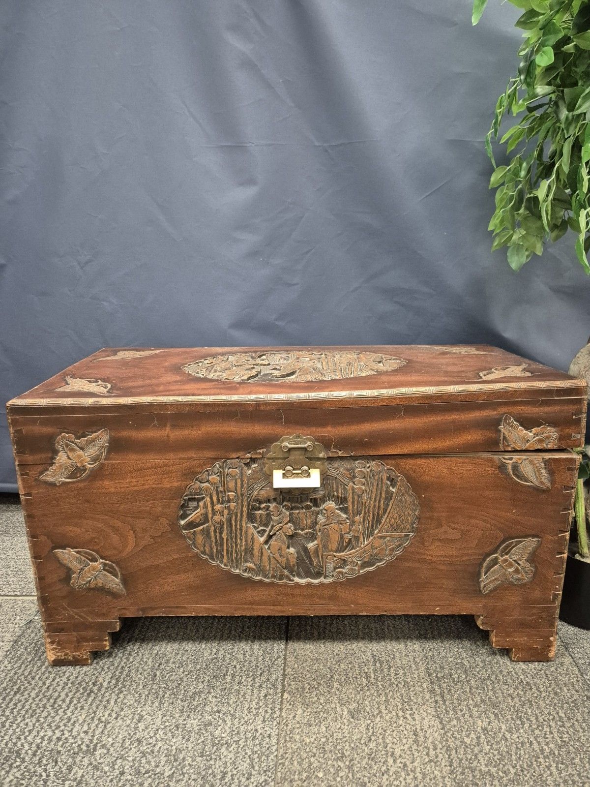 Large Carved Oriental Camphor Wooden Chest With Lock