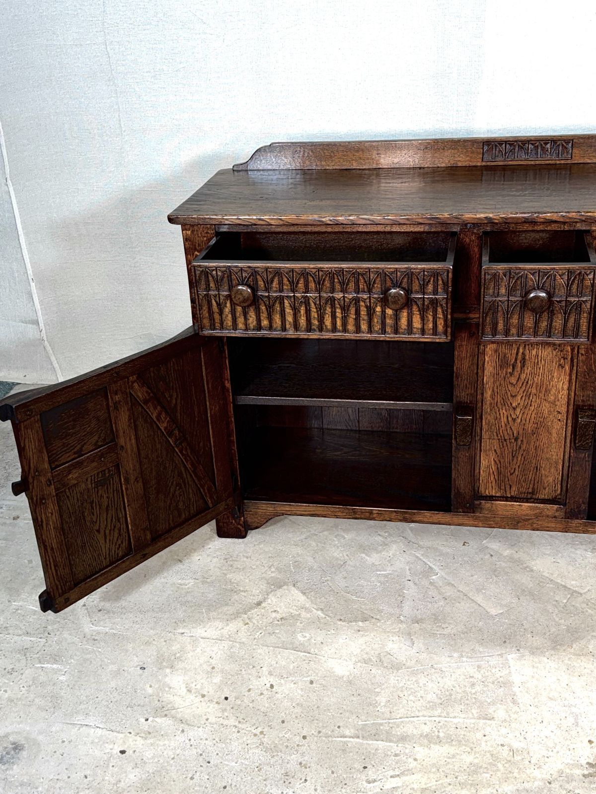 Furniture A Nigel Rupert Griffiths Monastic Carved Oak Dresser Base / Sideboard / Cabinet / Cupboard photo