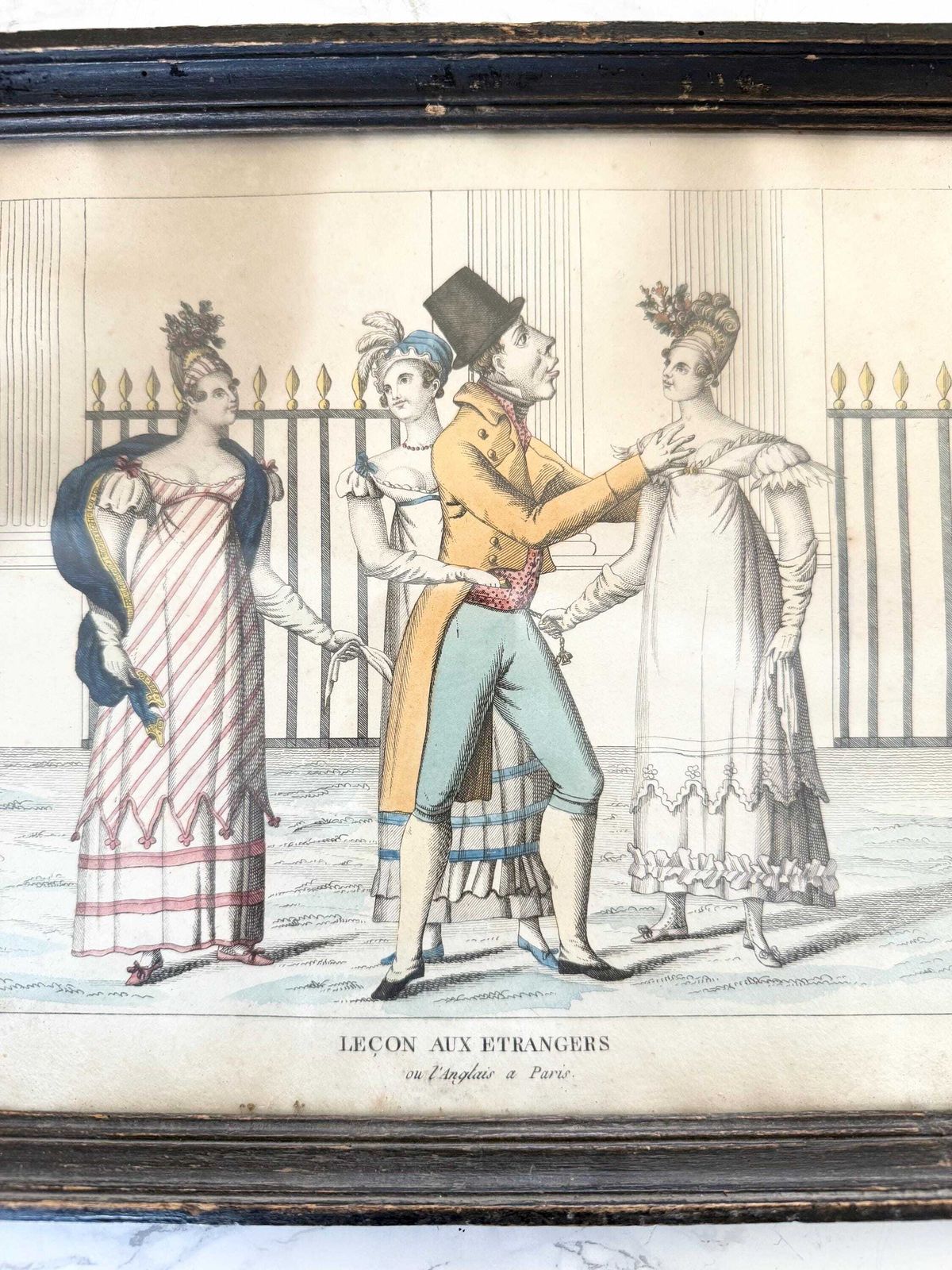 Antique Very Early 1800 French Empire Regency Etching Hand Coloured Original Frame And Glass Caricature Publication British French Paris photo for sale