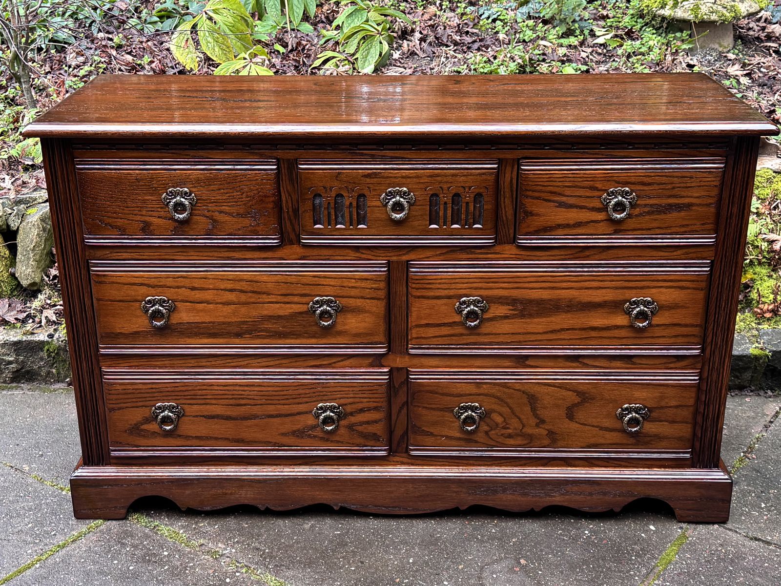 A Wood Brothers Old Charm Carved Light Oak Long Chest Of Drawers / Sideboard / Dresser Base photo vintage