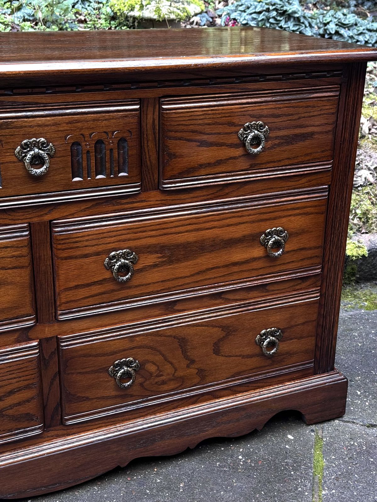 photo for sale A Wood Brothers Old Charm Carved Light Oak Long Chest Of Drawers / Sideboard / Dresser Base